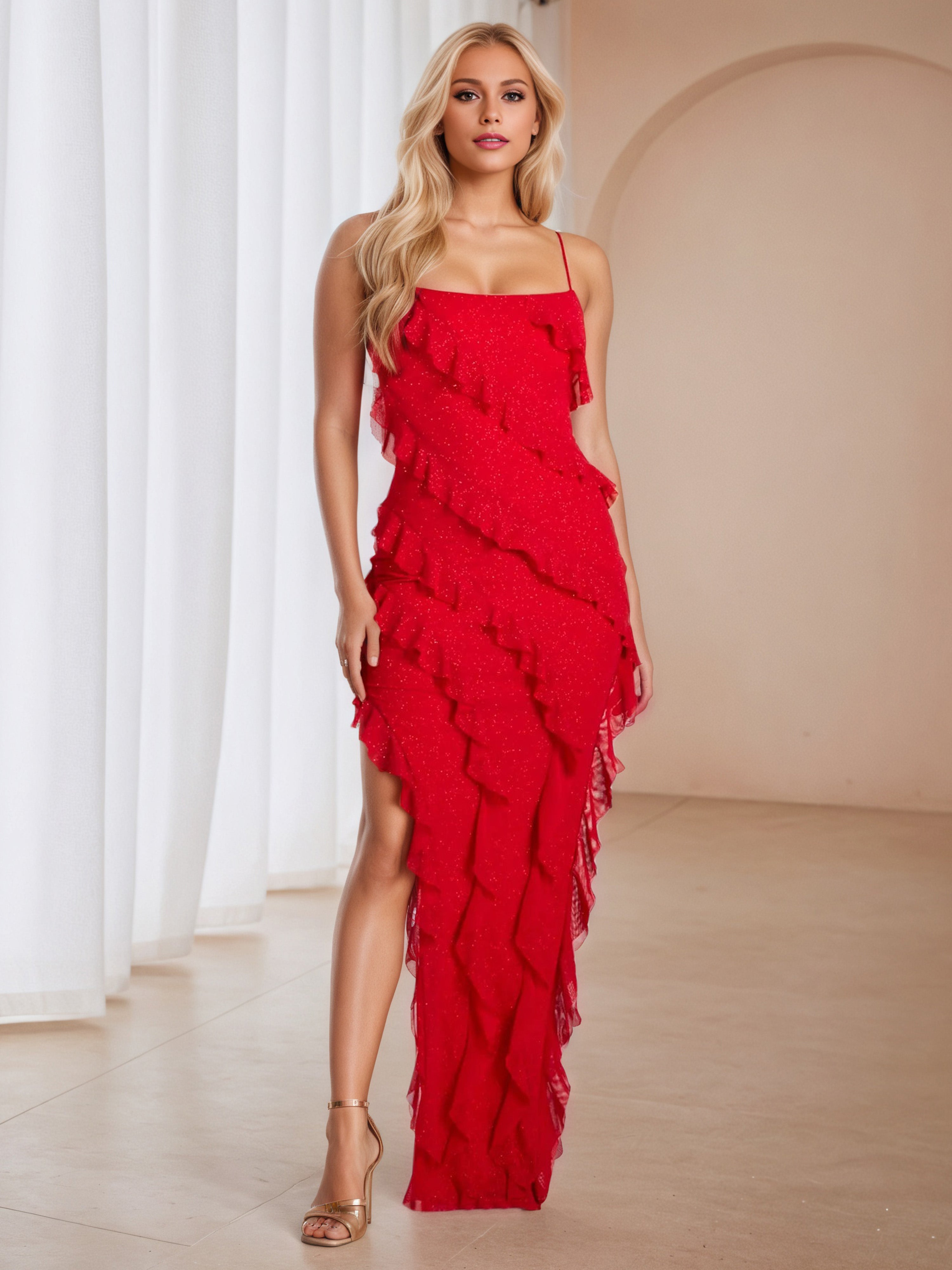 Red Spaghetti Straps Sleeveless Ruffle Side Prom Dress Red Spaghetti Straps Sleeveless Ruffle Side Prom Dress