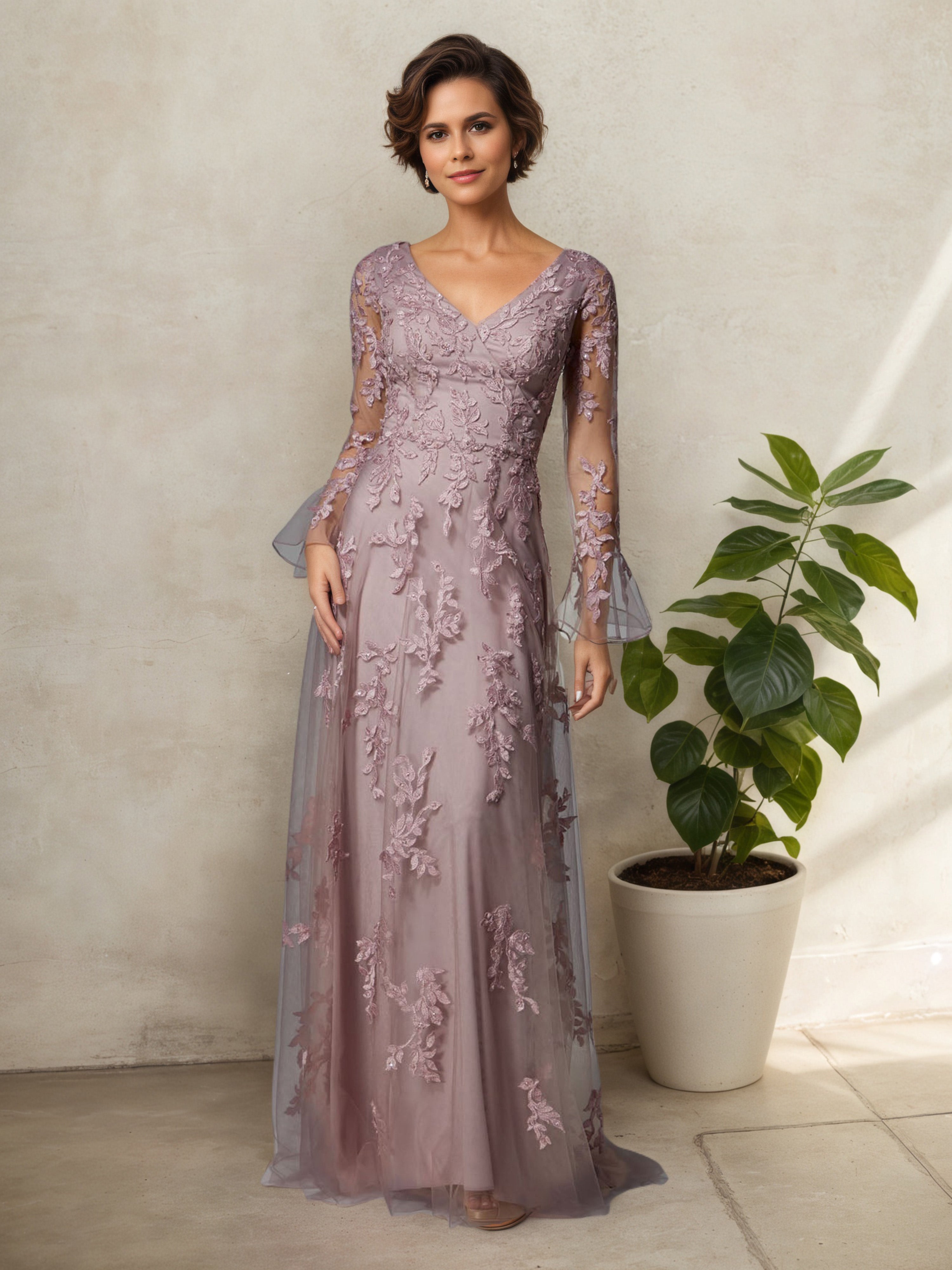 V-Neck Trumpet Sleeve Vintage Mauve Mother of The Bride Dress V-Neck Trumpet Sleeve Vintage Mauve Mother of The Bride Dress