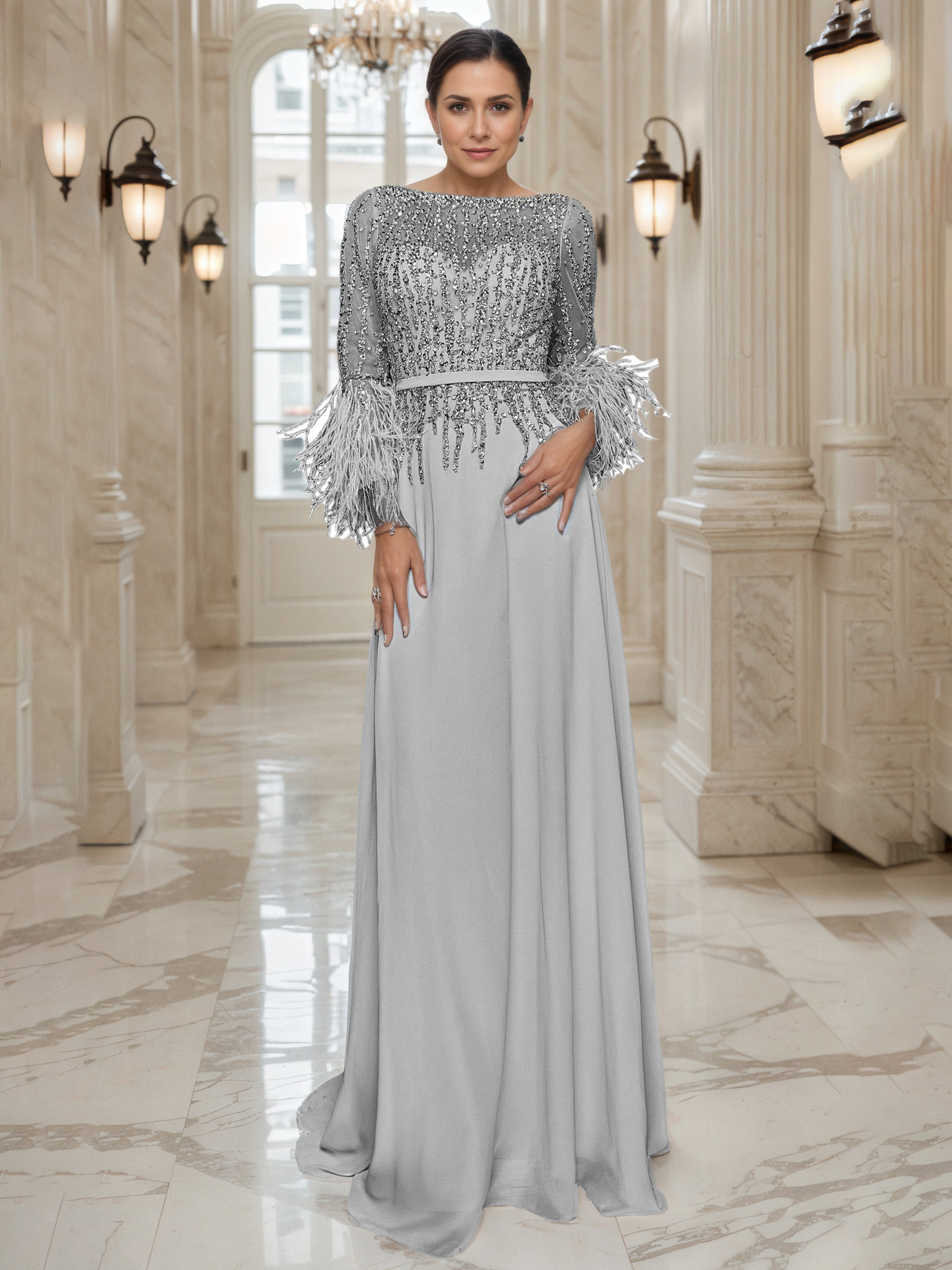 Sparkly Silver Mother Of The Bride Dress Sequins A-Line Long Sleeves M
