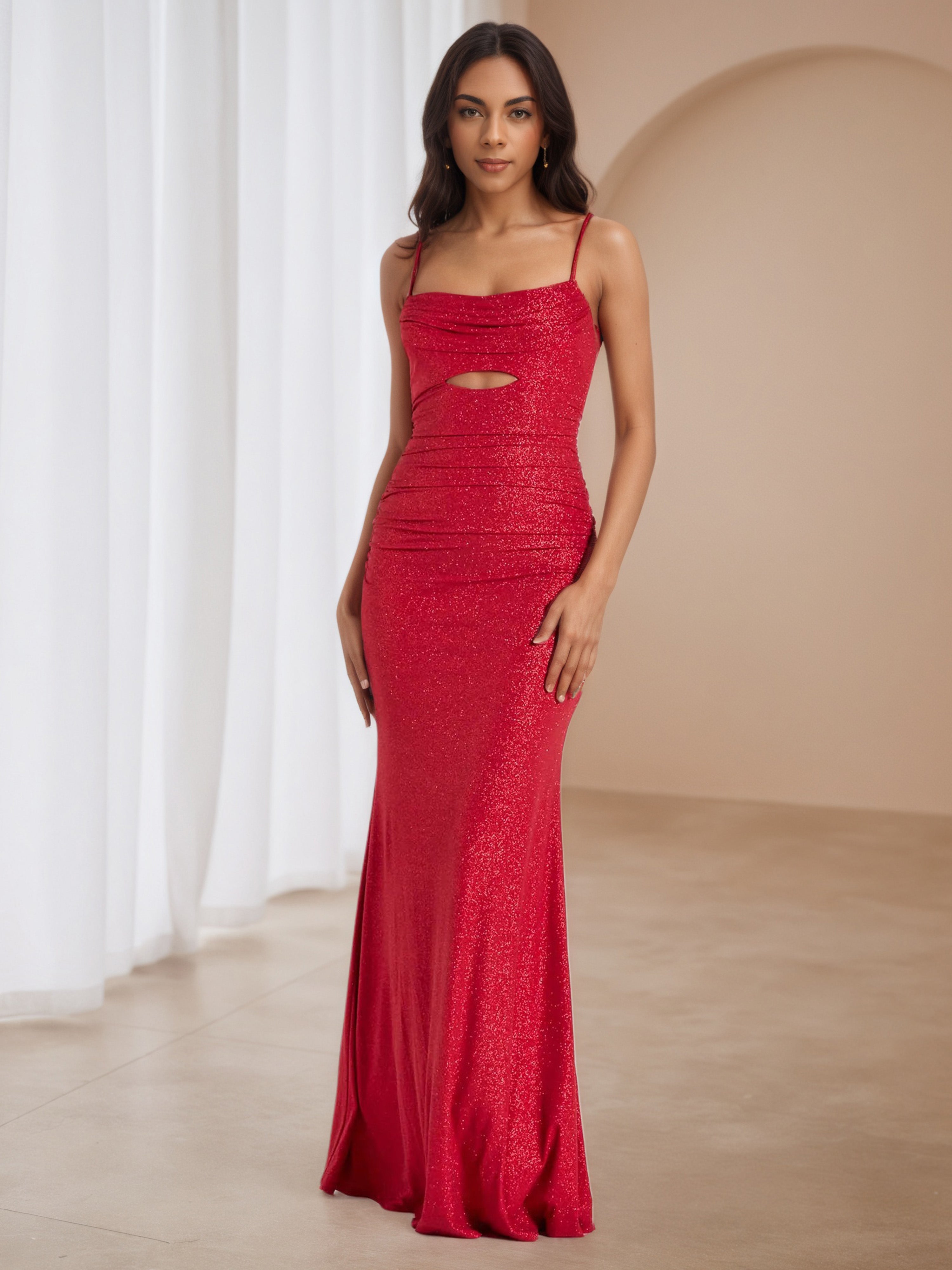 Spaghetti Straps Red Cut Out Formal Dresses