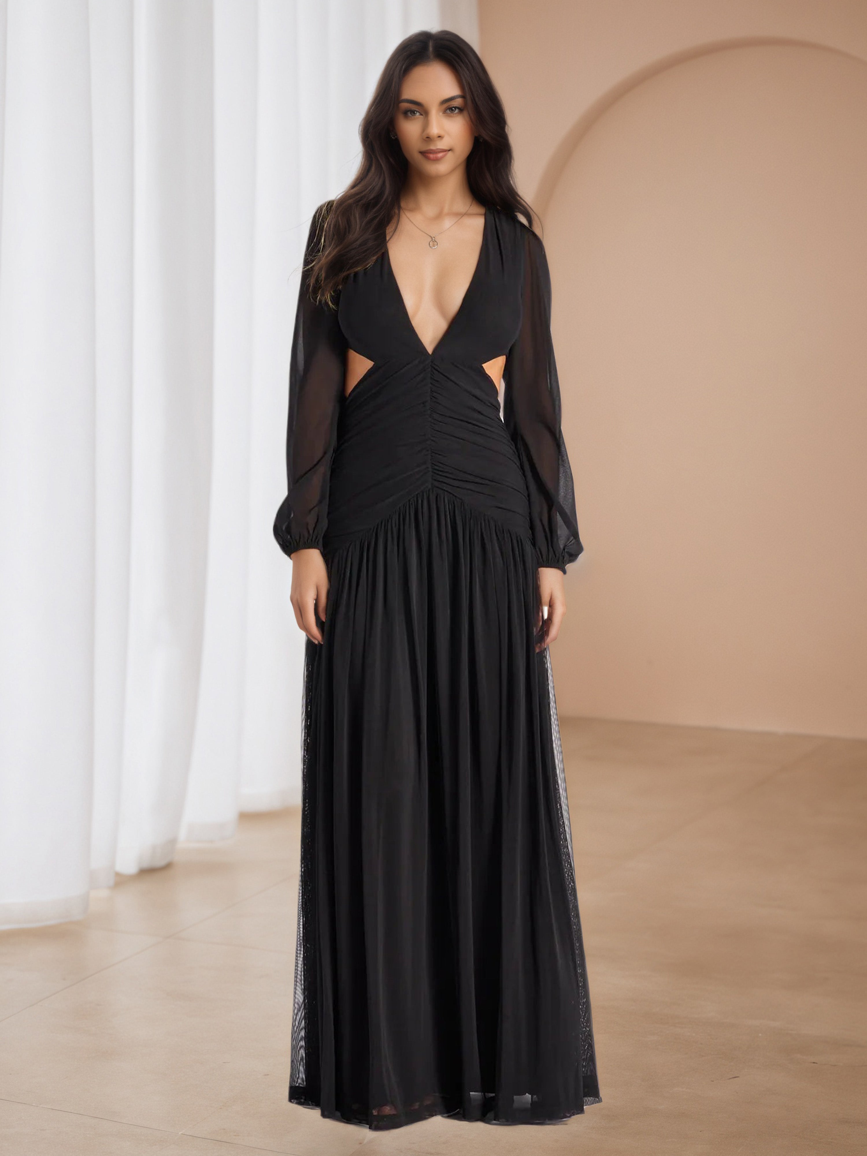 Black Long Sleeves V-Neck Cut-Out Long Wedding Guest Dress Black Long Sleeves V-Neck Cut-Out Long Wedding Guest Dress