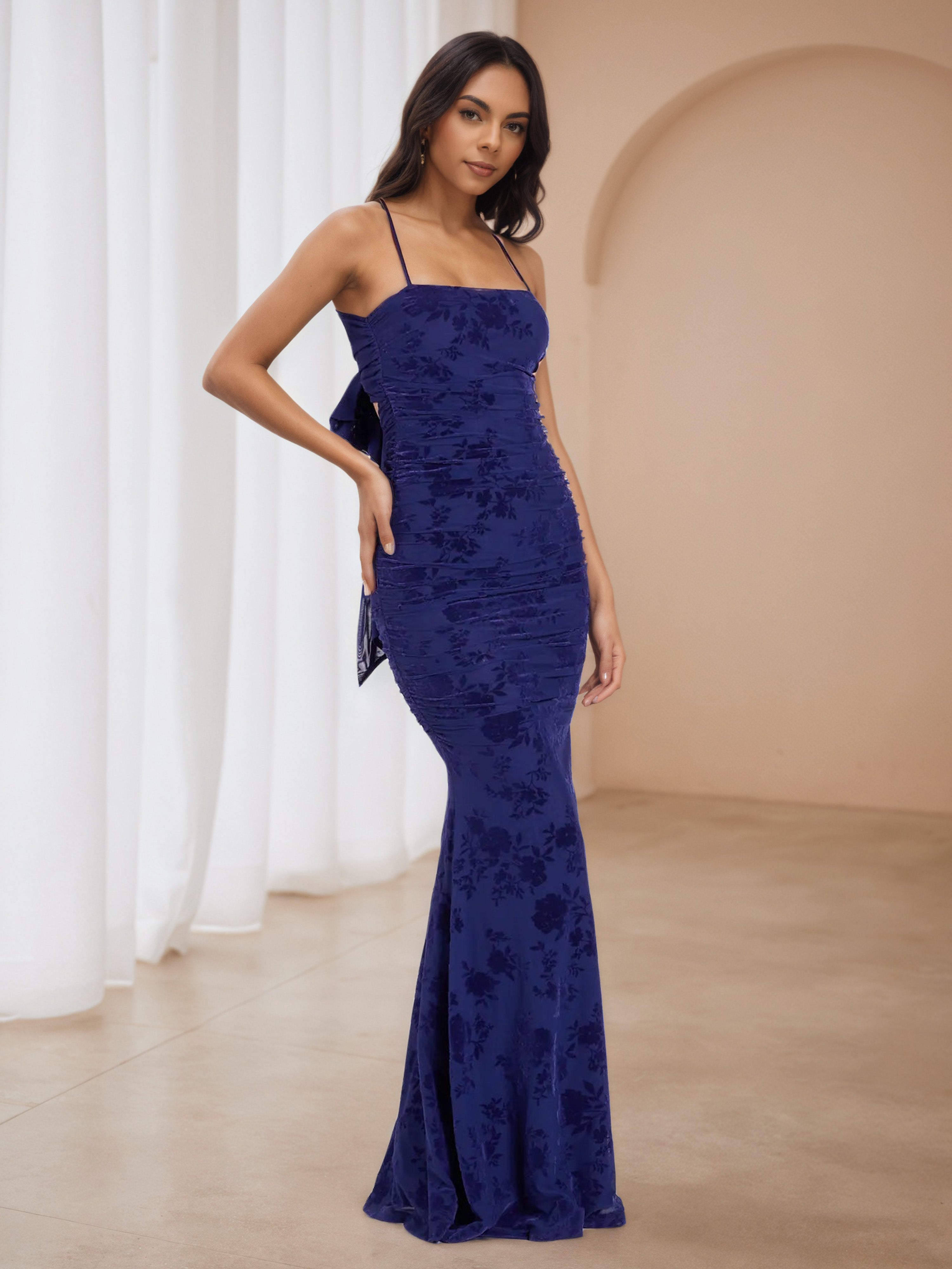 Floral Navy Blue Spaghetti Straps Trumpet/Mermaid Prom Dresses Floral Navy Blue Spaghetti Straps Trumpet/Mermaid Prom Dresses