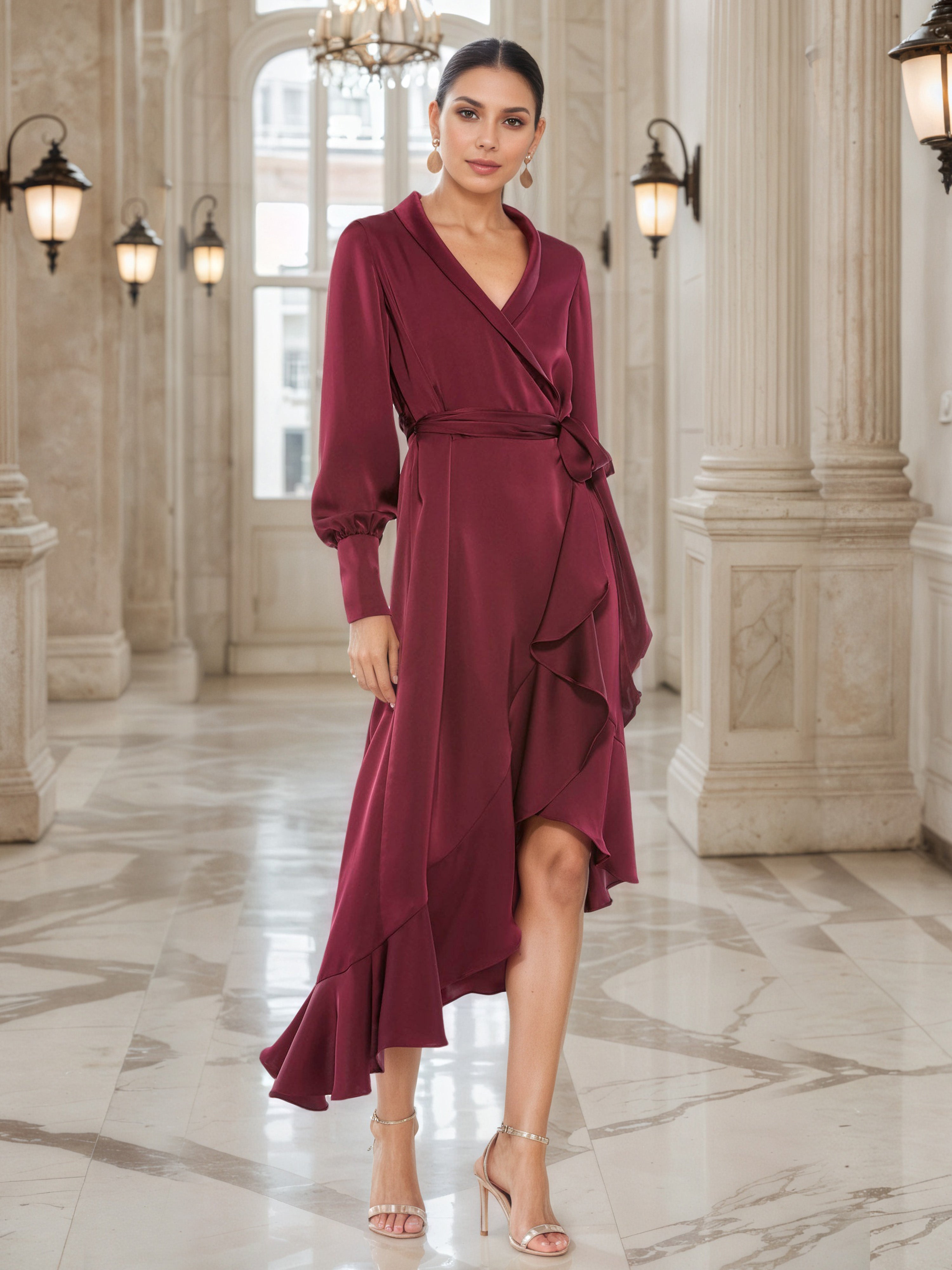 Burgundy Mother Of Bride Dress V-Neck Long Sleeves Tie Waist Ruffle Asymmetrical Midi Mother Of The Bride Dress Burgundy Mother Of Bride Dress V-Neck Long Sleeves Tie Waist Ruffle Asymmetrical Midi Mother Of The Bride Dress