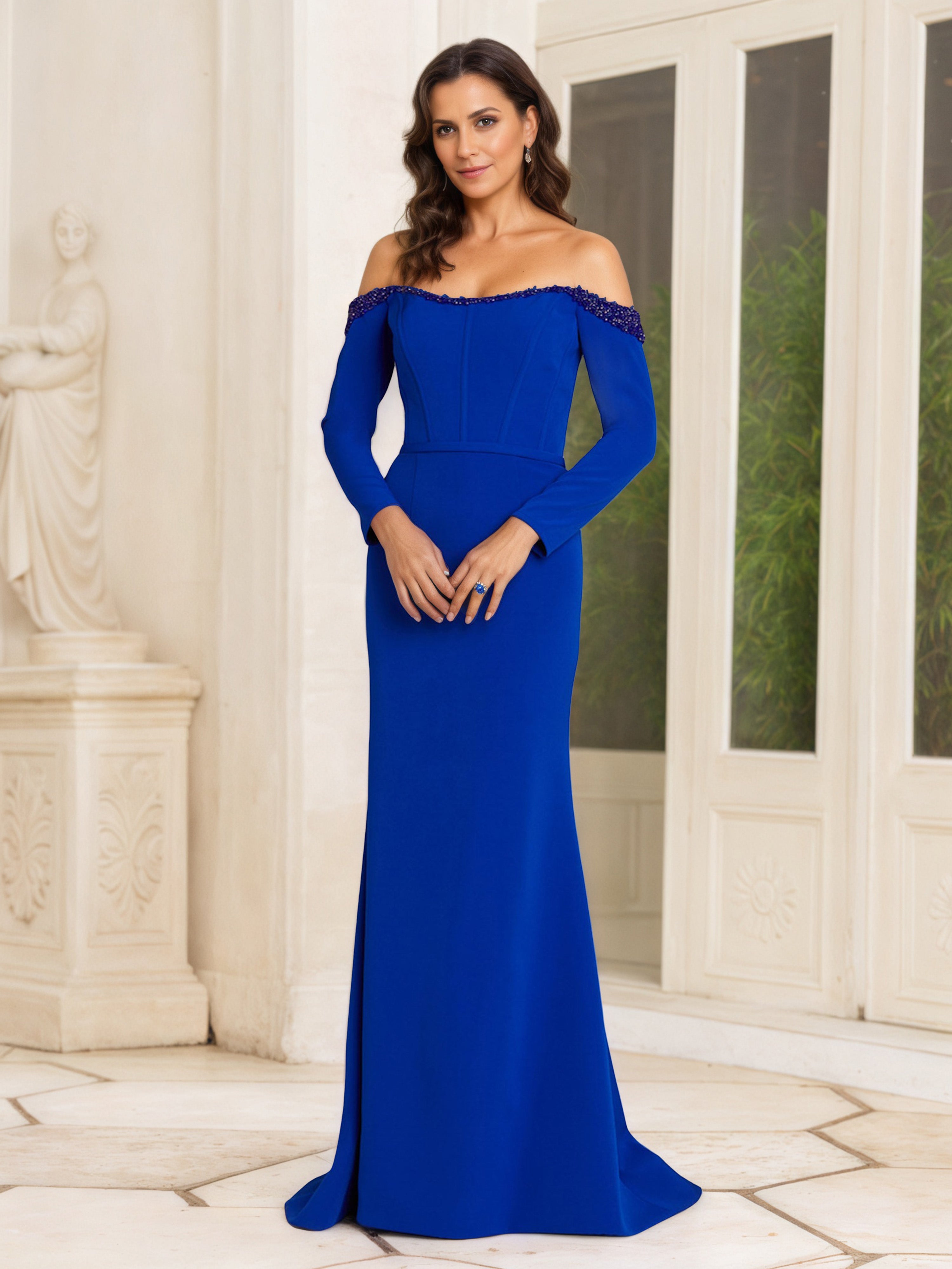 Sheath/Column Off The Shoulder Royal Blue Long Sleeves Mother Of The Bride Dress Sheath/Column Off The Shoulder Royal Blue Long Sleeves Mother Of The Bride Dress