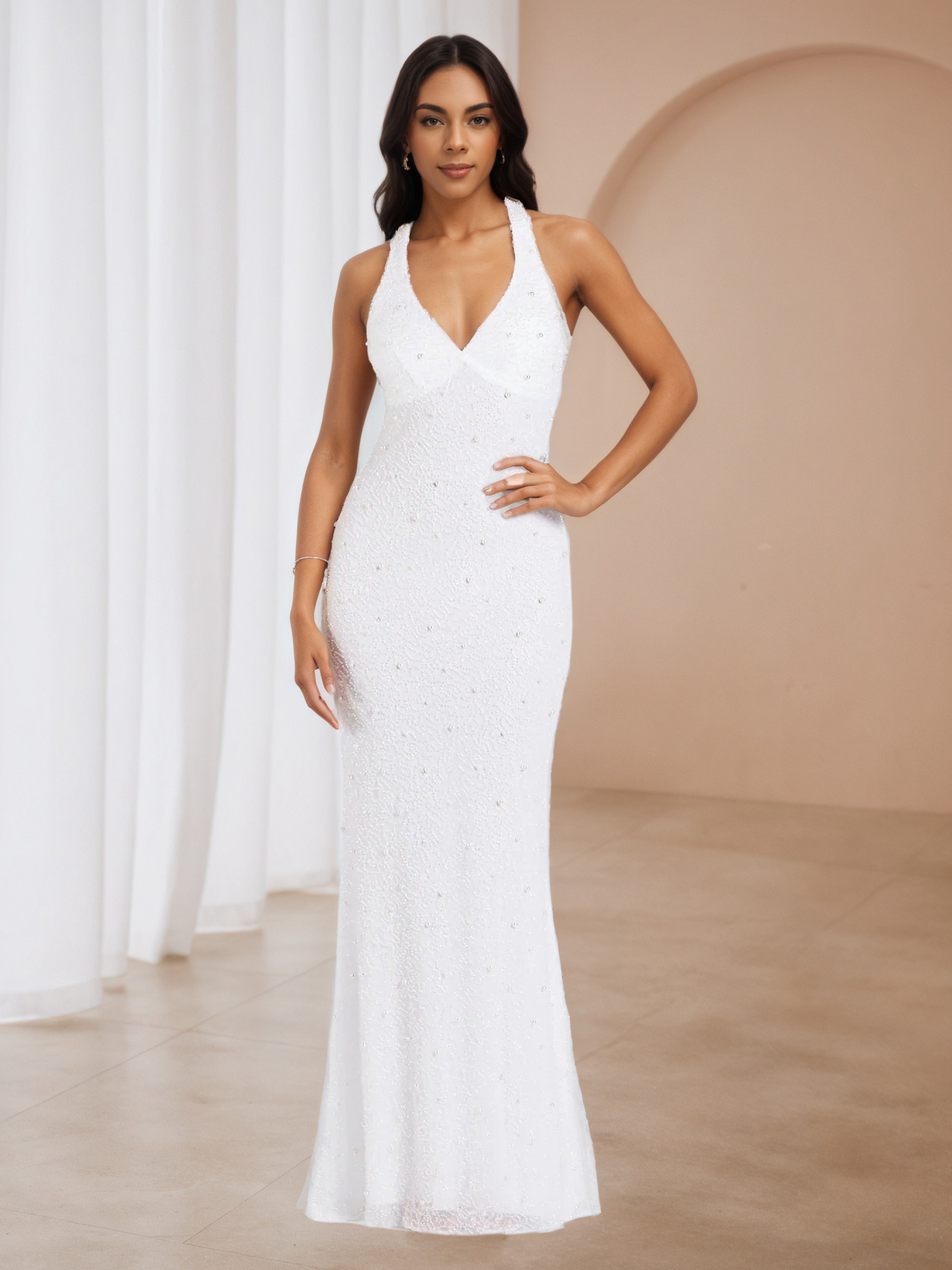 white halter mermaid dress WONIA | Mermaid wedding dress with halter neck in lace