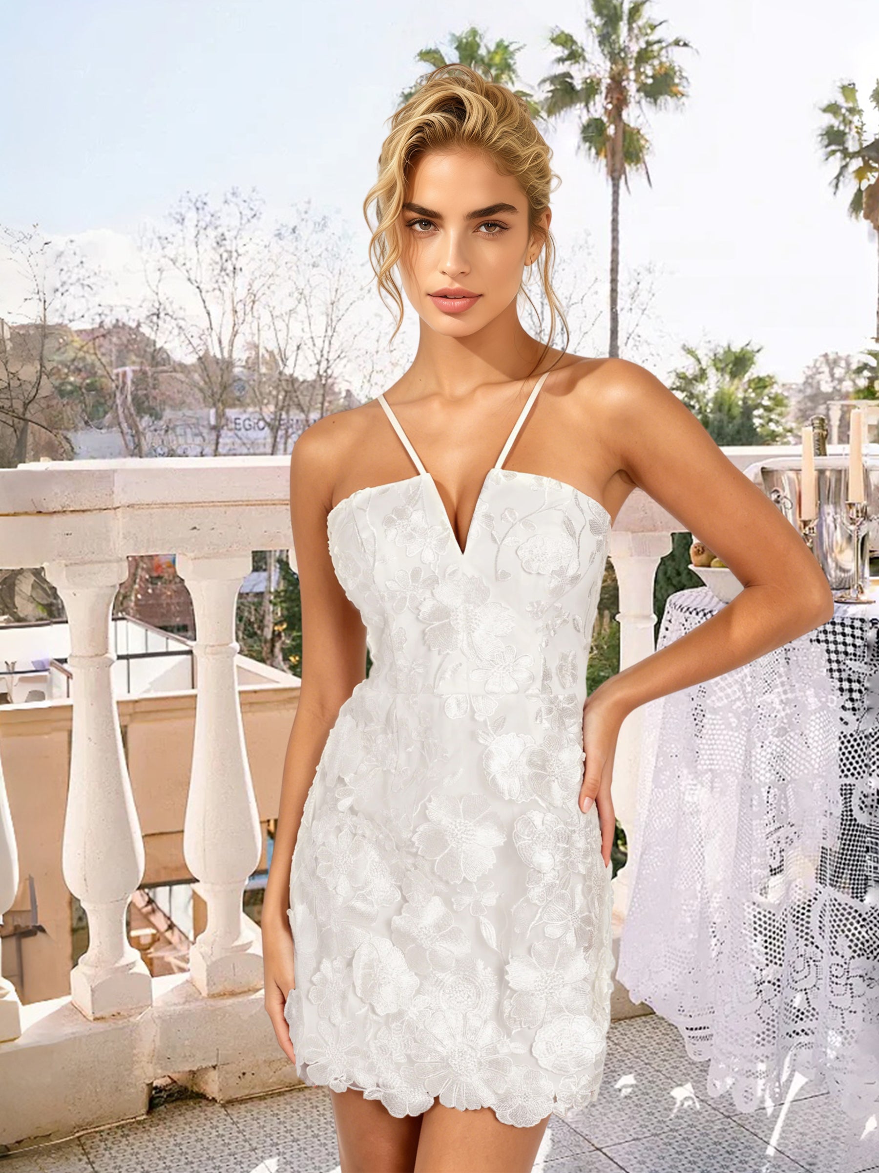 Cicinia Spaghetti Straps White Graduation Dresses Short Lace Sheath Sleeveless Mini Dress