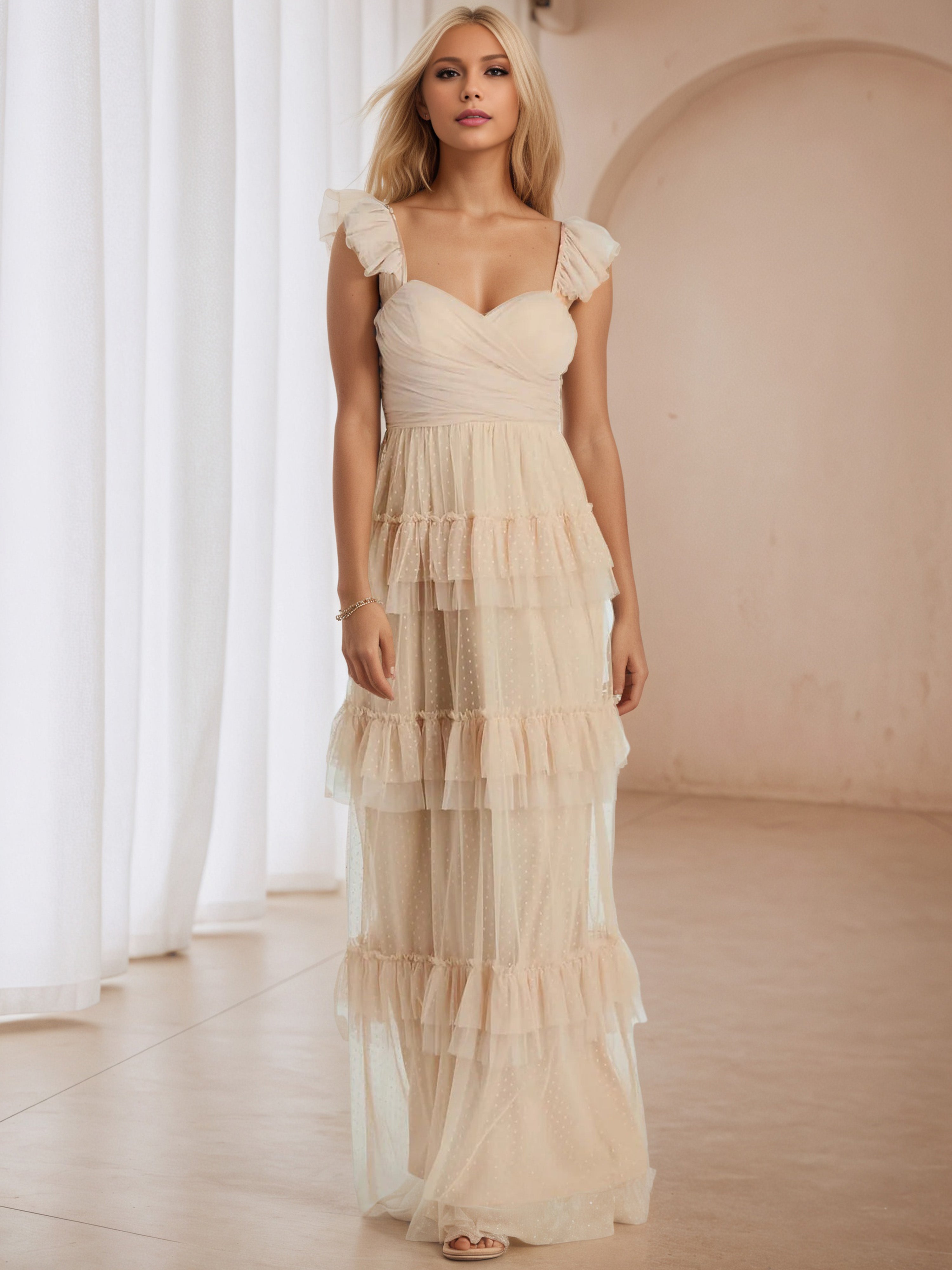 Apricot A-Line Layers Cap Sleeves Formal Dresses Apricot A-Line Layers Cap Sleeves Formal Dresses