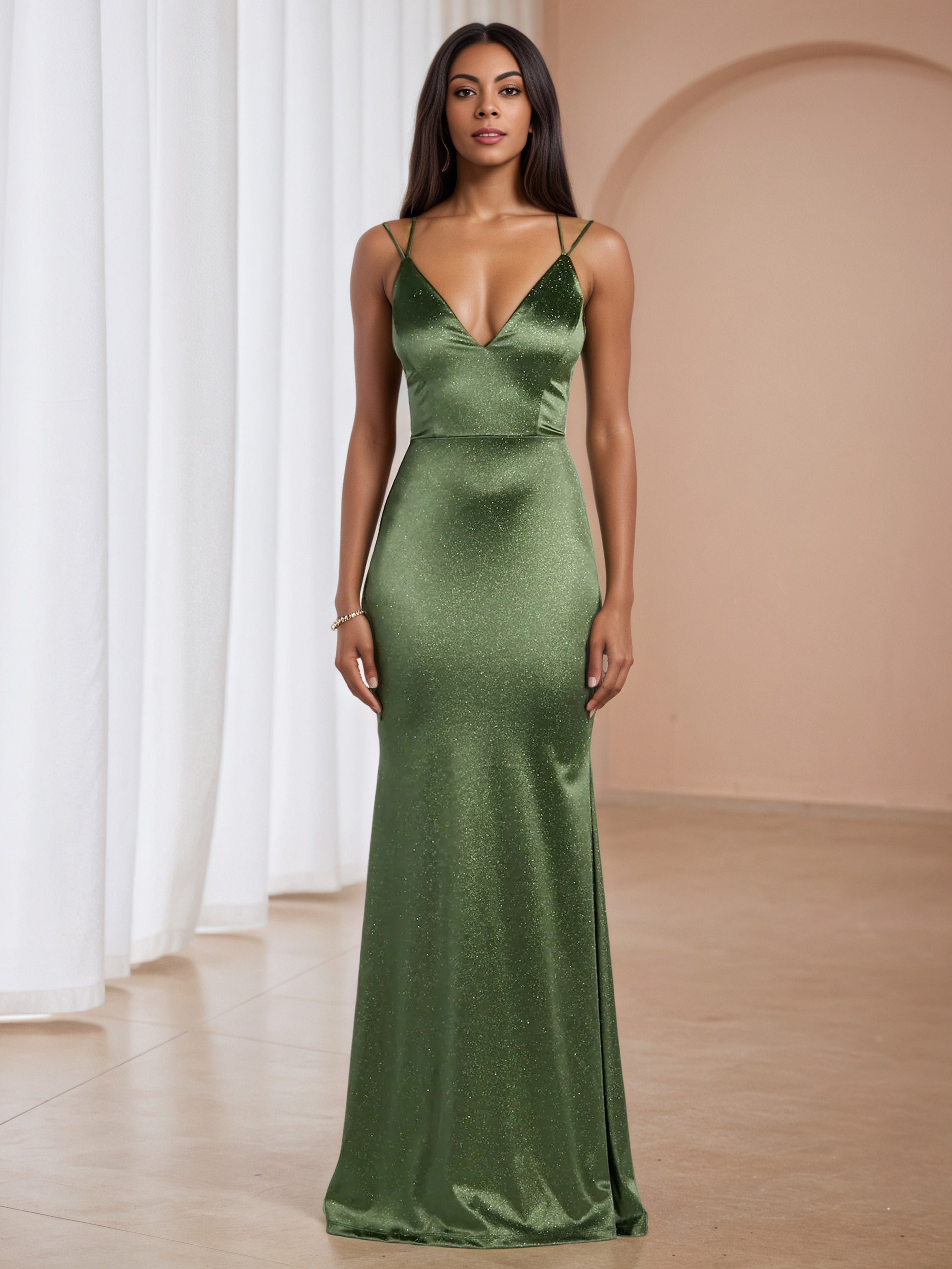 Dark Olive Green V-Neck Sheath/Column Spaghetti Straps Formal Dresses