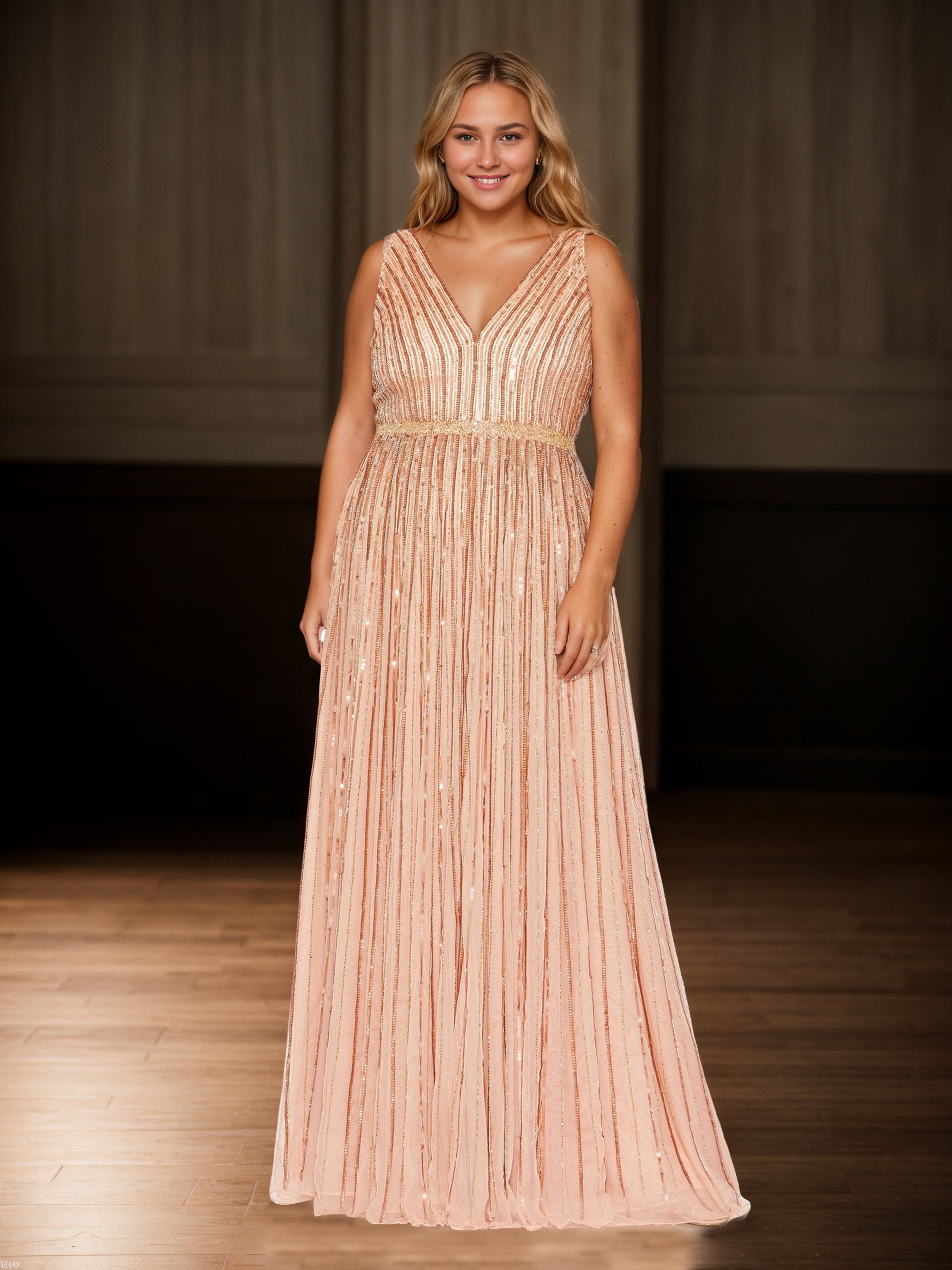 V-neck Sleeveless Champagne Gold Sequin Long Prom Dresses V-neck Sleeveless Champagne Gold Sequin Long Prom Dresses