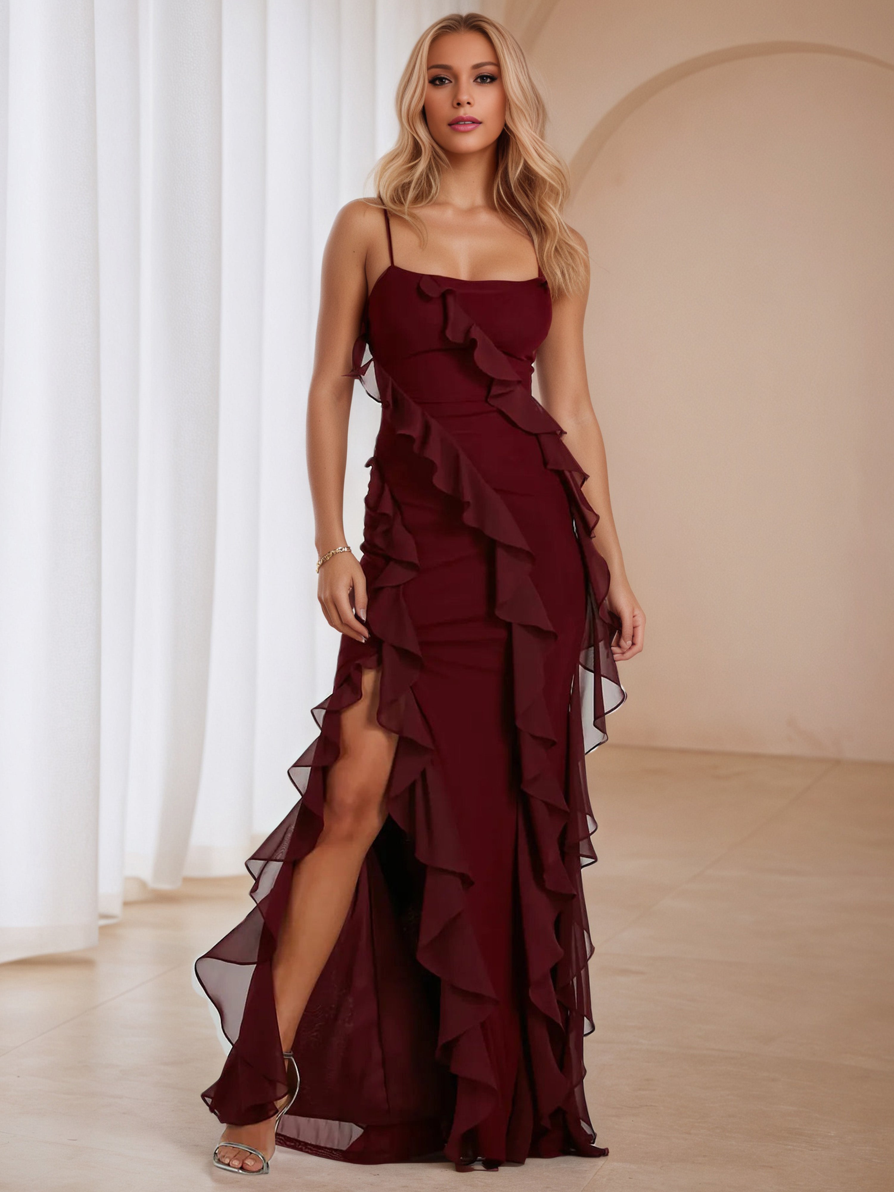 Sheath/Column Spaghetti Straps Formal Dresses in Cabernet Sheath/Column Spaghetti Straps Formal Dresses in Cabernet