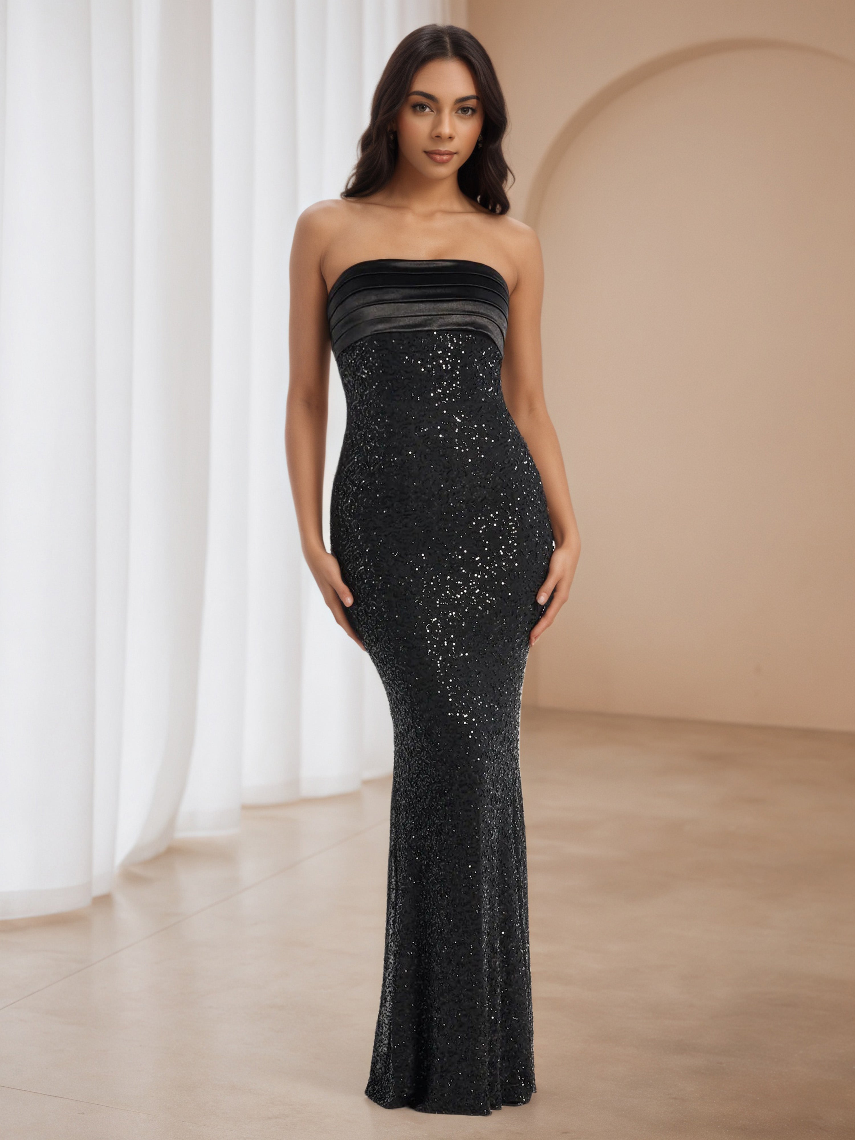 Illusion Strapless Black Pleats Sweep/Brush Train Formal Dresses Illusion Strapless Black Pleats Sweep/Brush Train Formal Dresses
