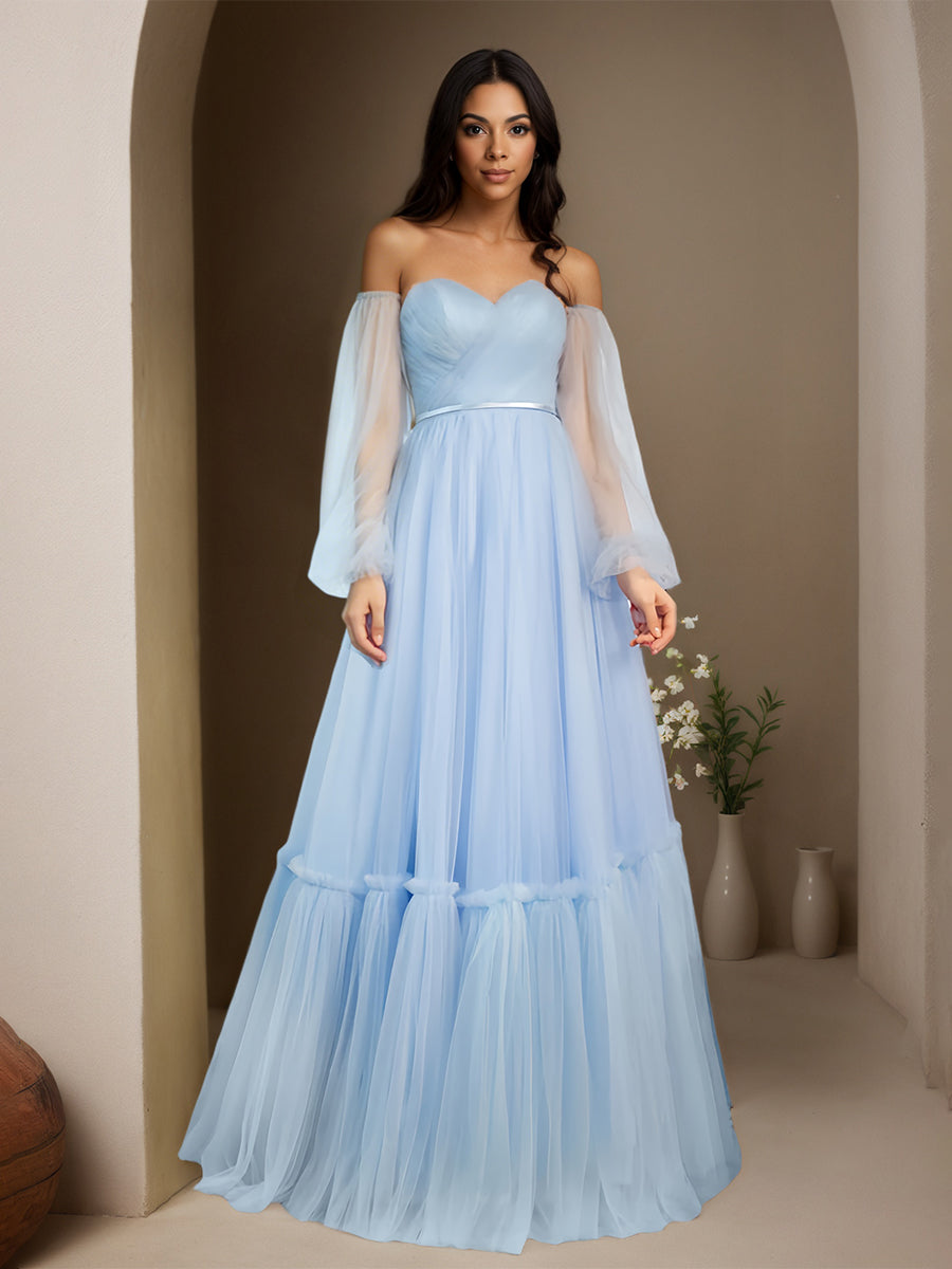 Cicinia Sky Blue Prom Dresses With Sleeves Long Tulle A-line Sweethear