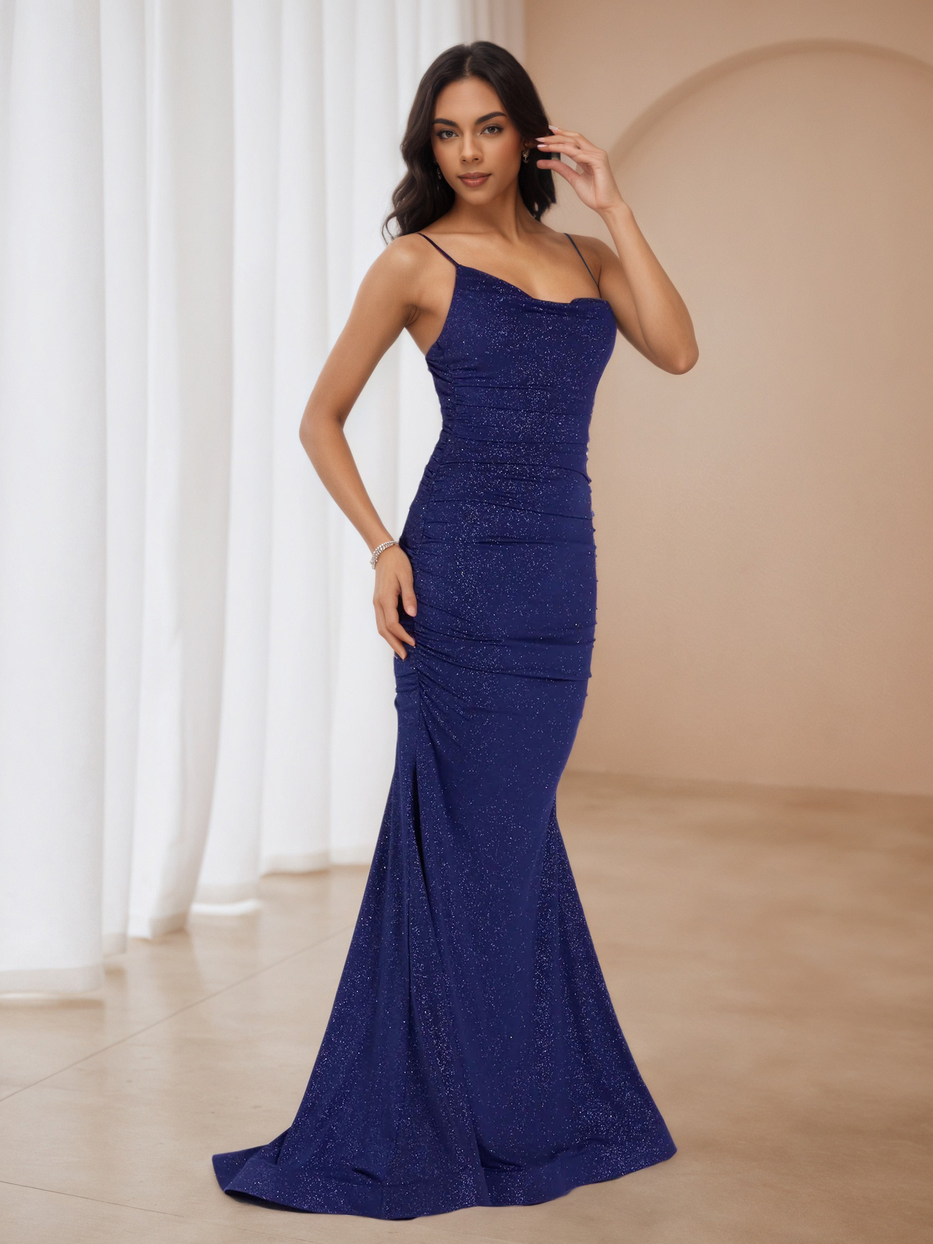 Navy Blue Spaghetti Straps Sweep/Brush Train Wedding Guest Dress