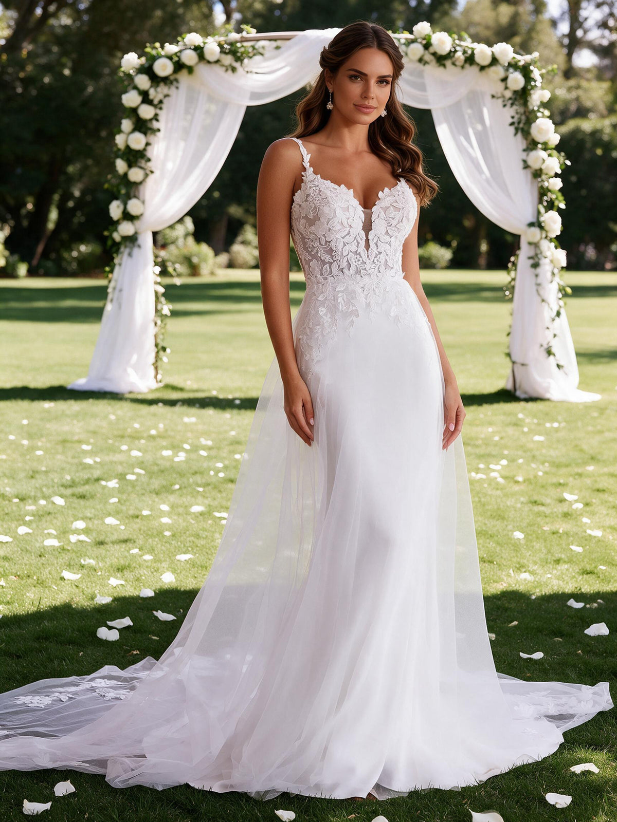 Cicinia Lace Appliques White Wedding Dresses Long Sheath Spaghetti Straps Bridal Gowns