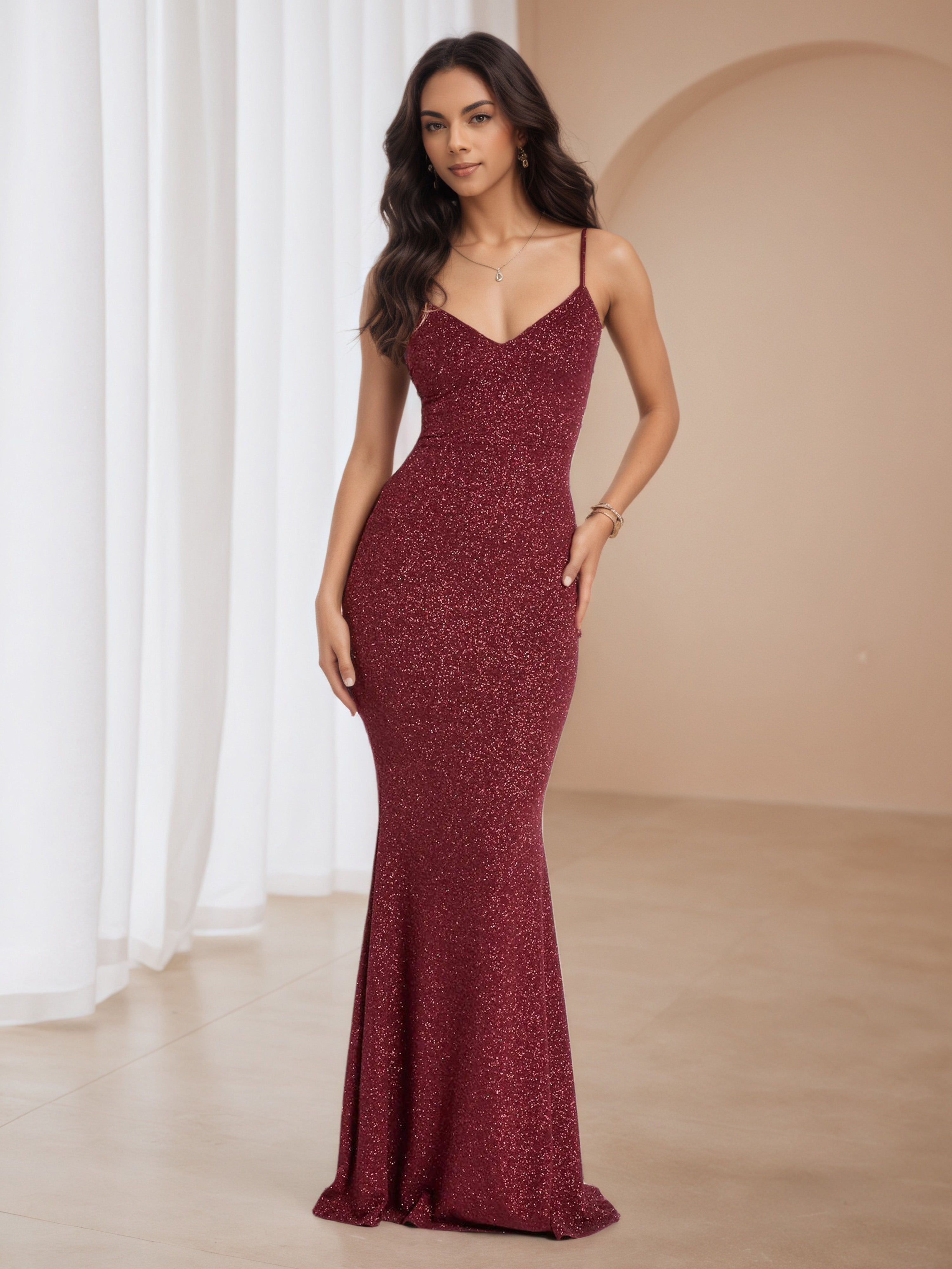 Sweep/Brush Train Glitter Burgundy Wedding Guest Dress with V-Neck Sweep/Brush Train Glitter Burgundy Wedding Guest Dress with V-Neck