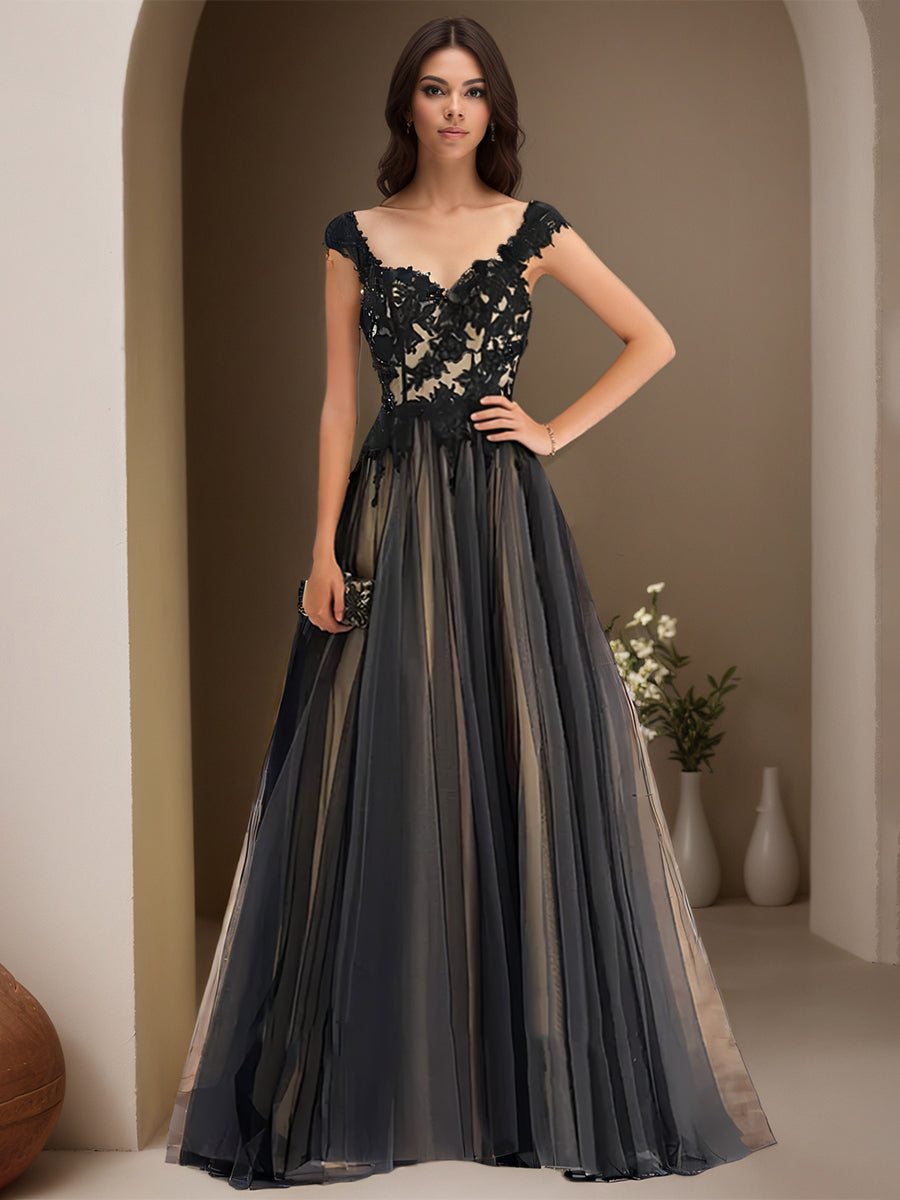 Cicinia Black Prom Dresses Long Tulle A-line Appliques Lace Sweep Trai
