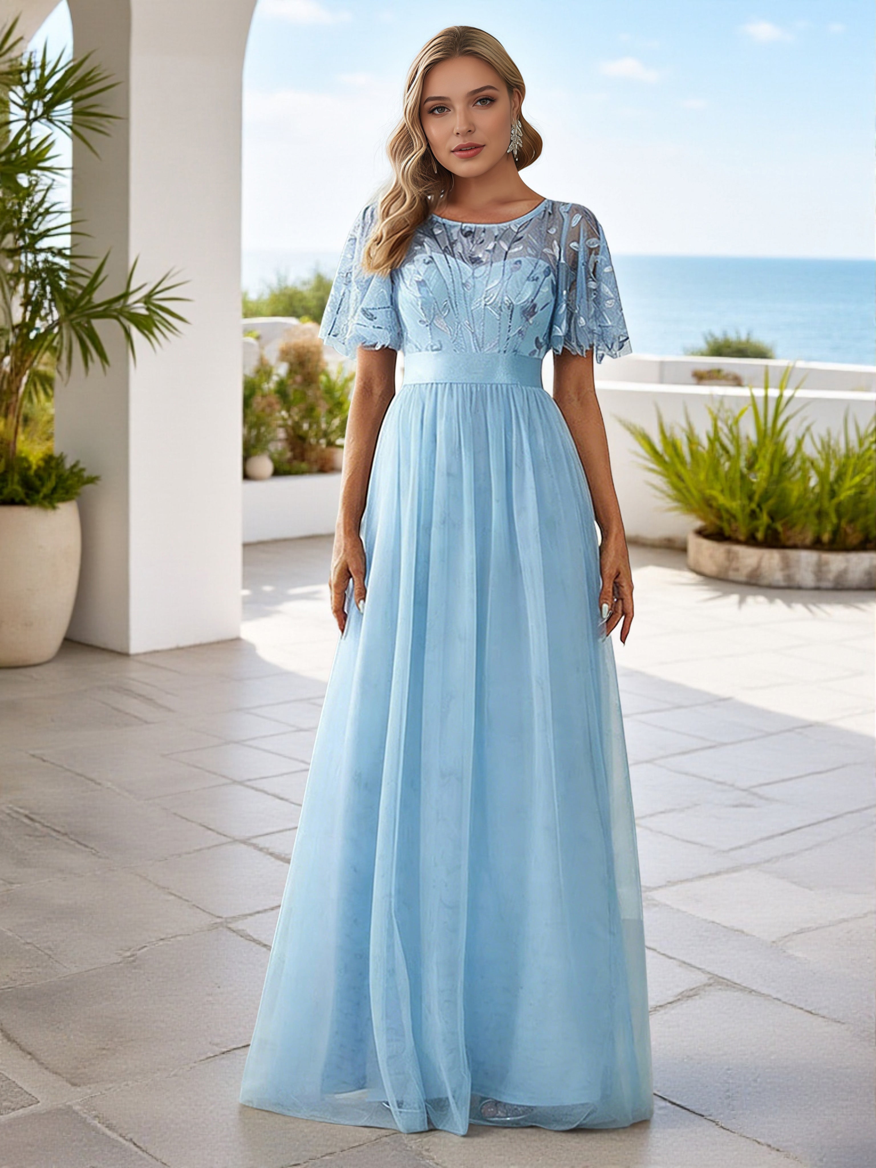 Cicinia Sky Blue Bridesmaid Dresses With Sleeves Long Lace Tulle A-line Floor Length