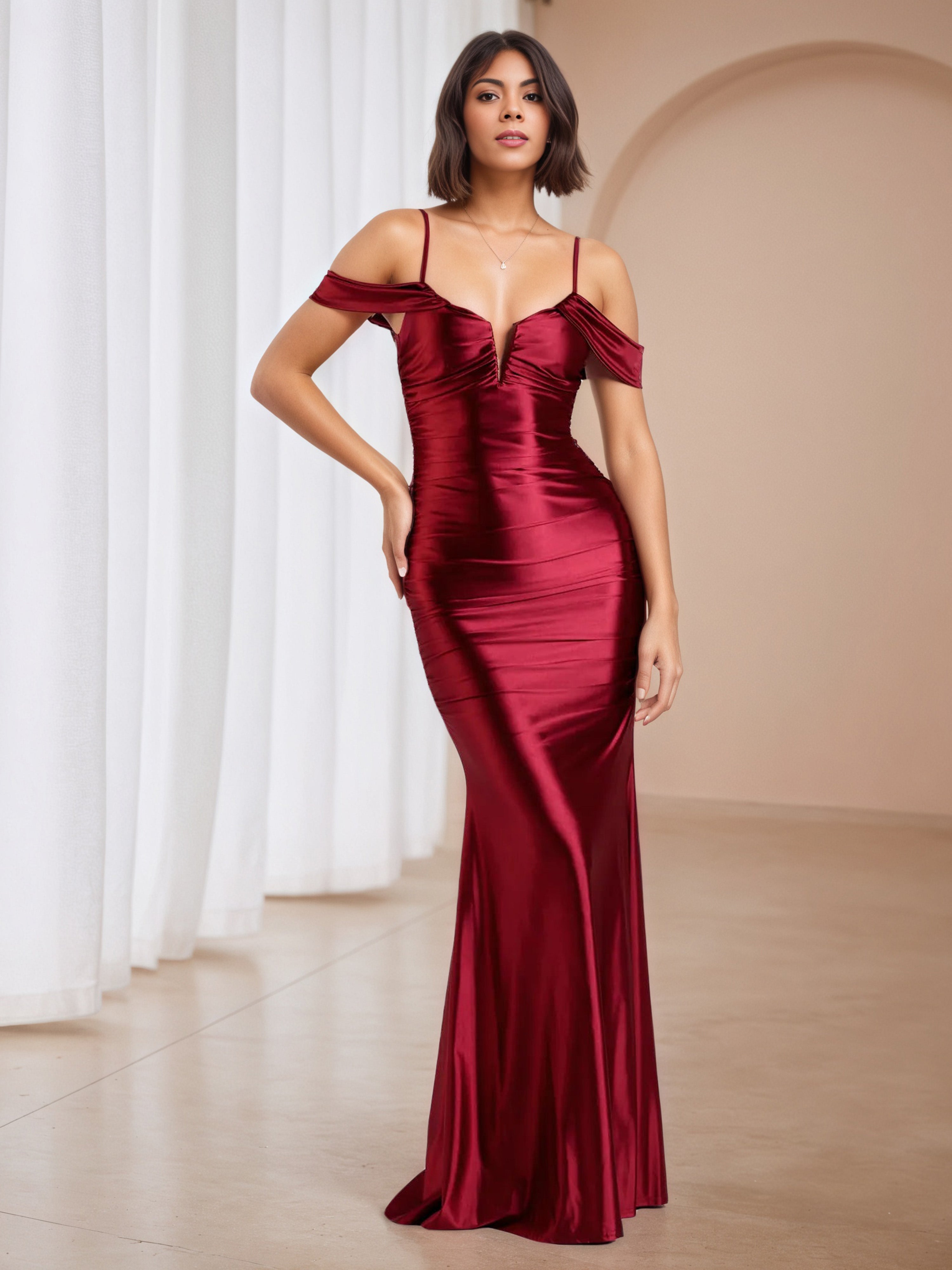 Spaghetti Straps Notched Off The Shoulder Burgundy Wedding Guest Dress Spaghetti Straps Notched Off The Shoulder Burgundy Wedding Guest Dress