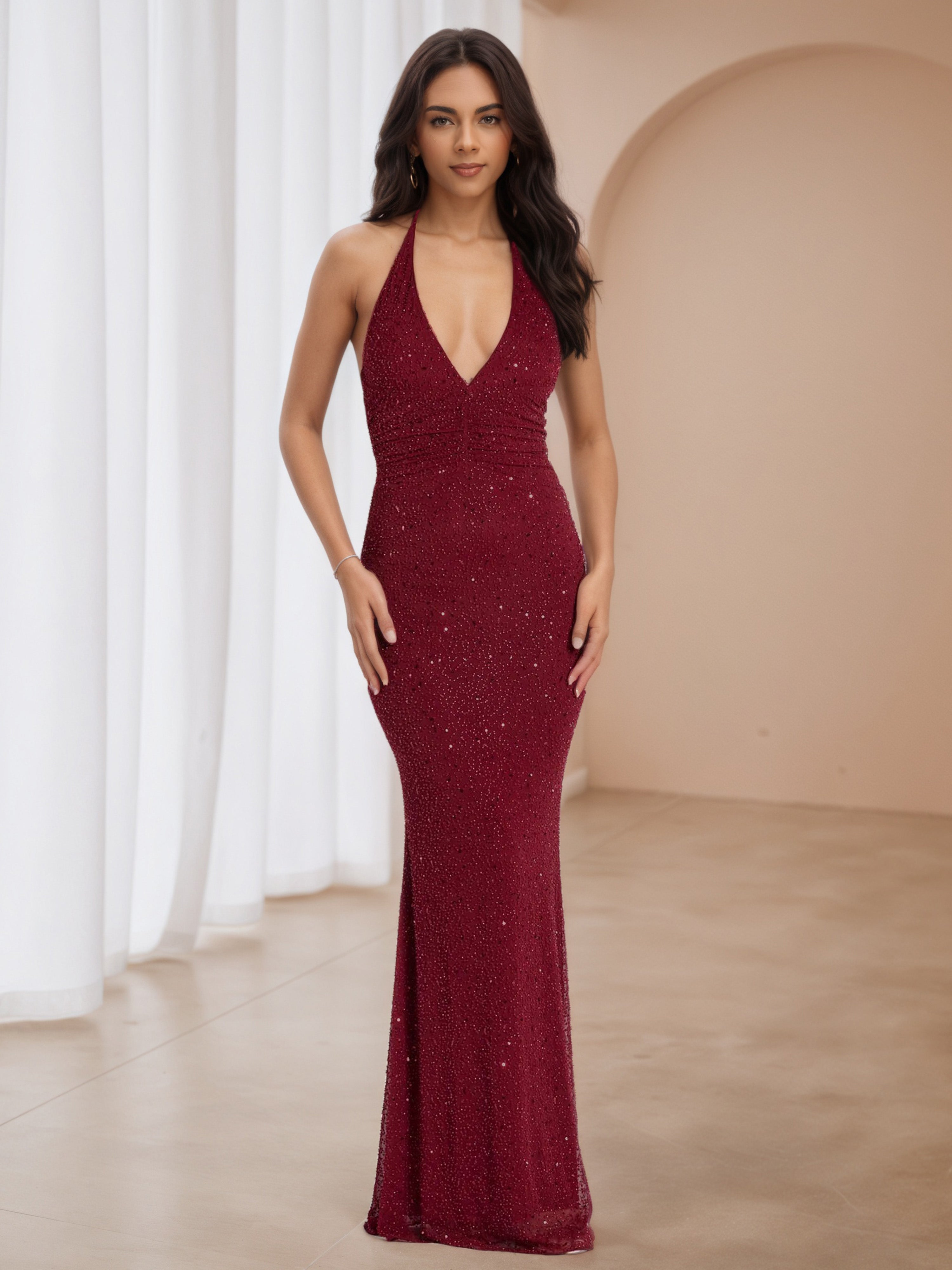 Elegant Halter Burgundy Glitter Long Formal Dresses Elegant Halter Burgundy Glitter Long Formal Dresses