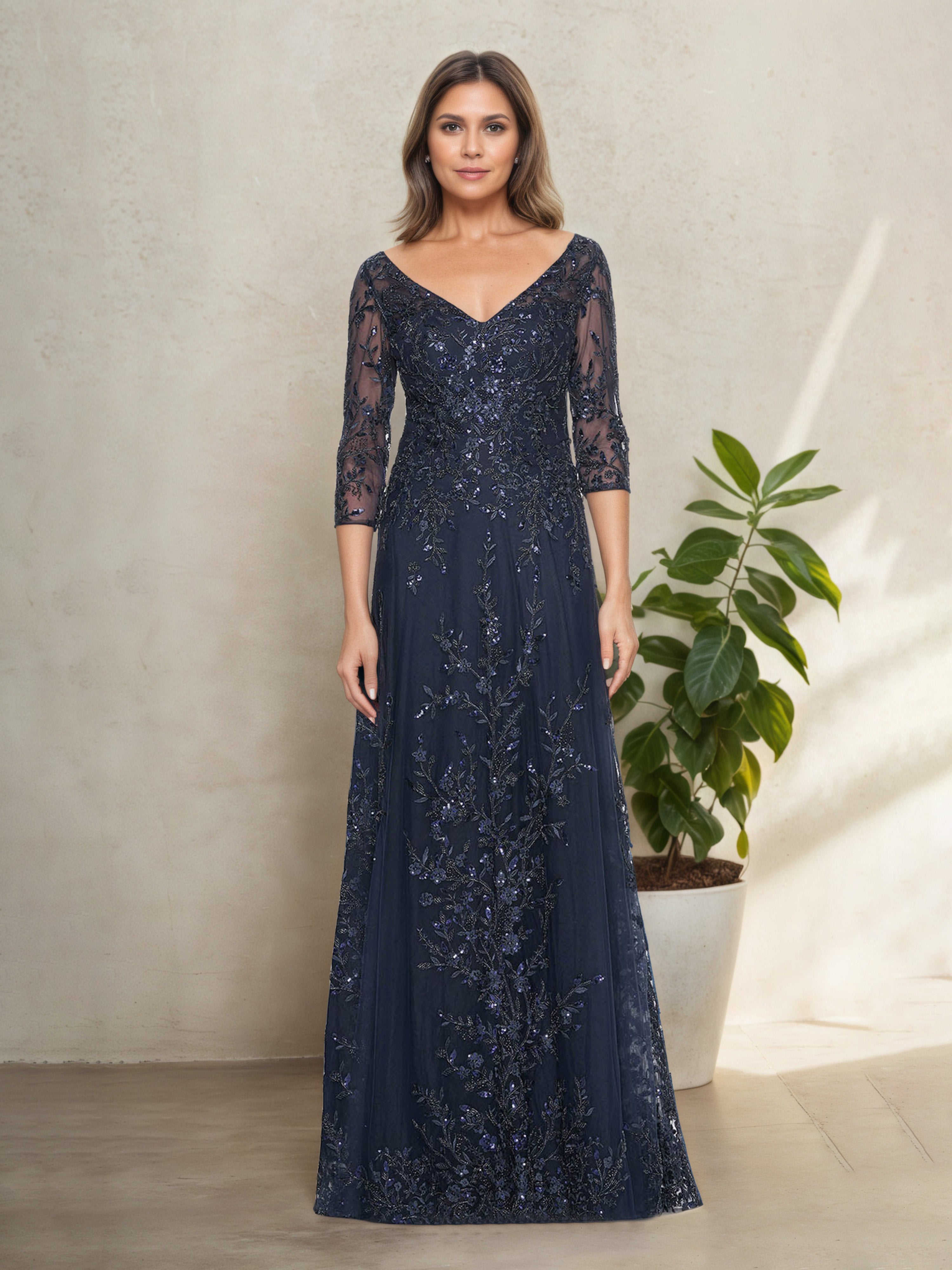 V-Neck Elegant Lace 3/4 Sleeves Floor Length A-Line Mother of The Bride Dress V-Neck Elegant Lace 3/4 Sleeves Floor Length A-Line Mother of The Bride Dress