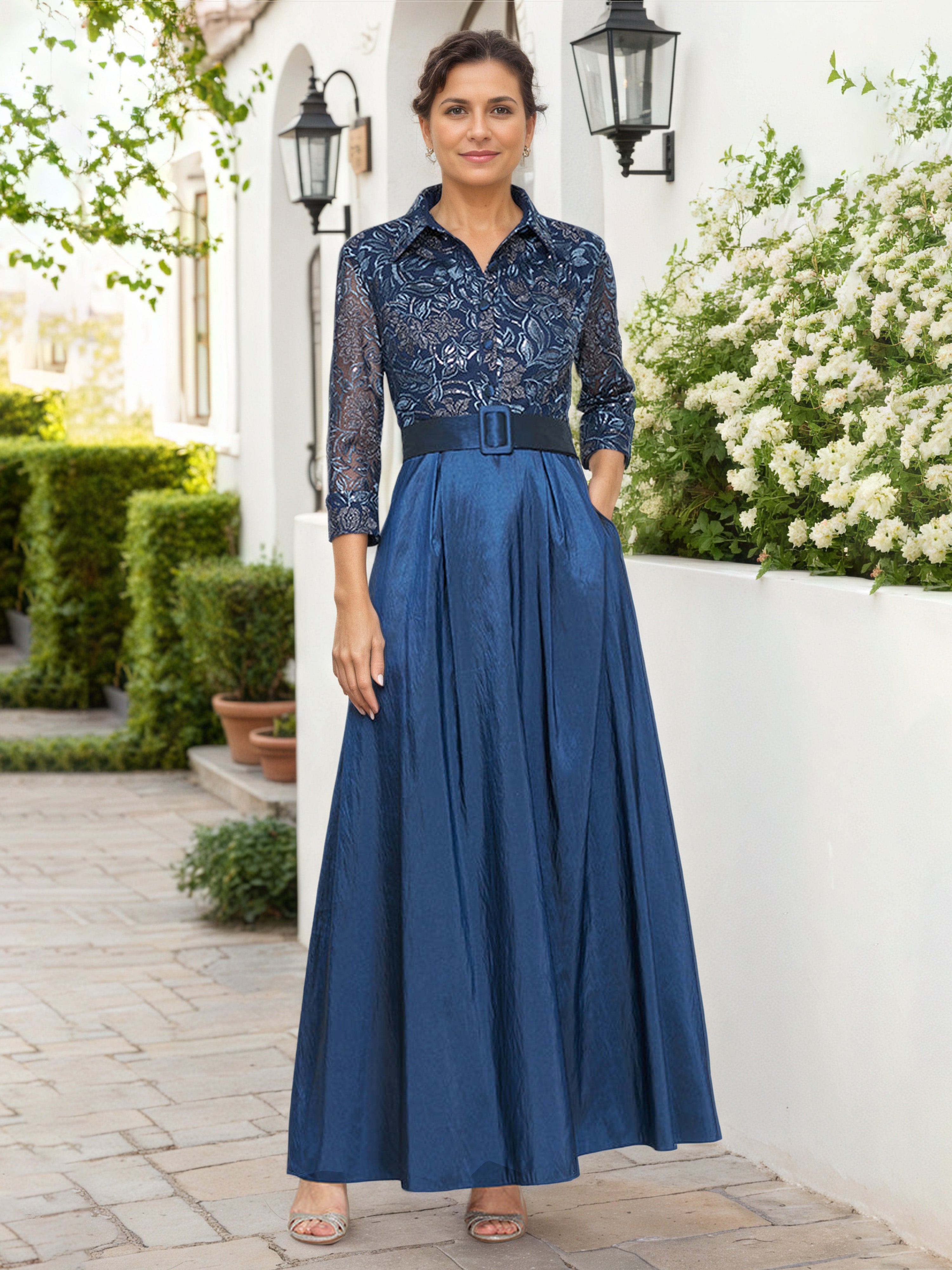 Navy Blue A-Line Embroidered Bodice 3/4 Sleeves with Belt Mother Of Th Navy Blue A-Line Embroidered Bodice 3/4 Sleeves with Belt Mother Of Th