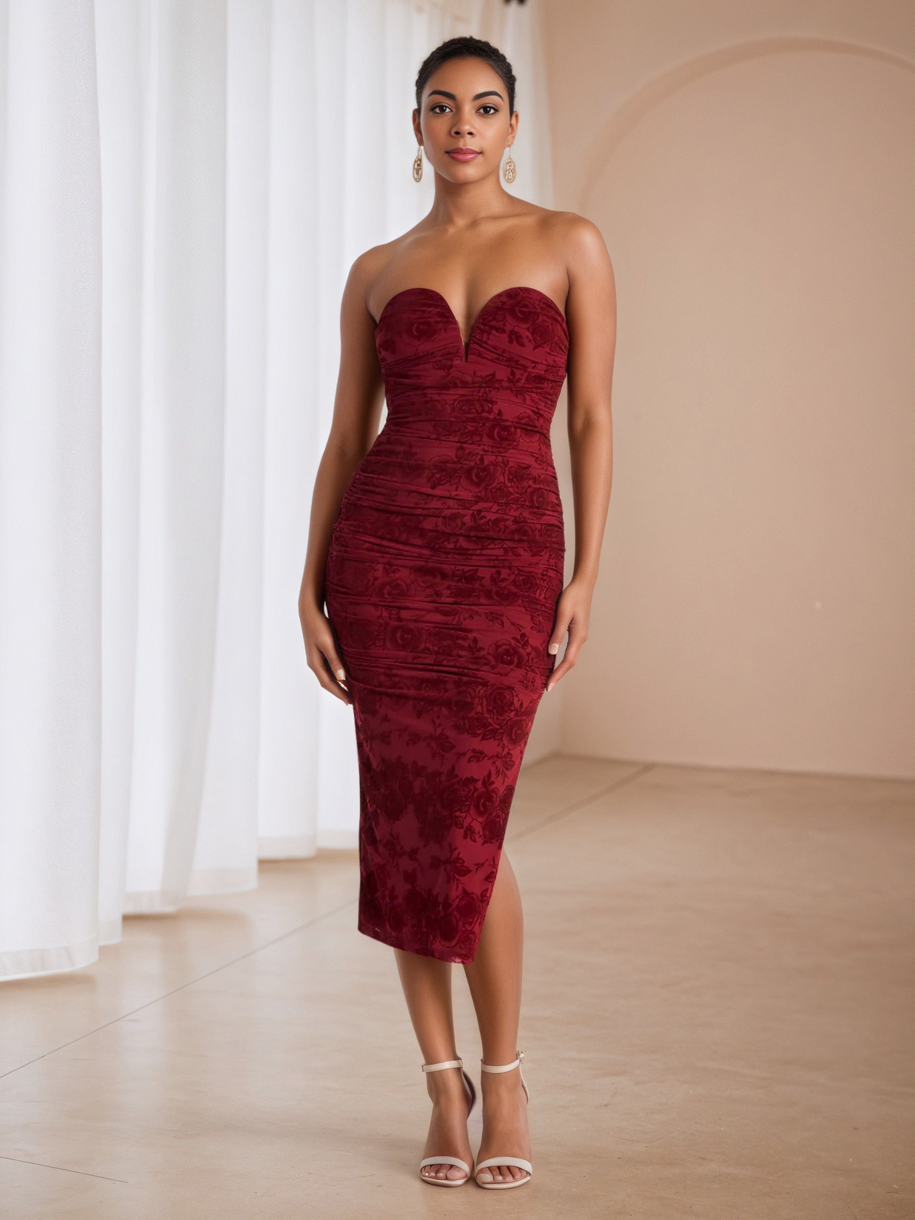 Floral Printed Strapless Burgundy Wedding Guest Dress Floral Printed Strapless Burgundy Wedding Guest Dress