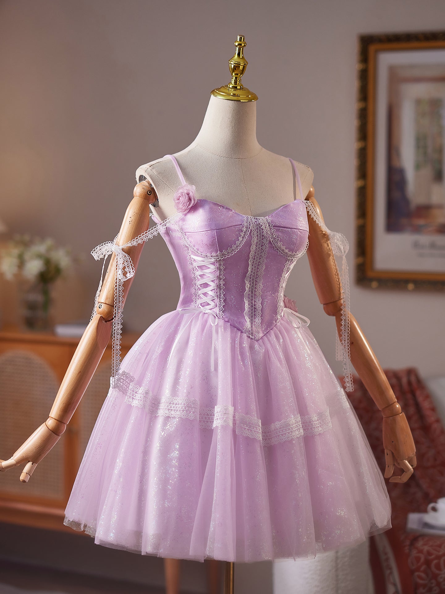 Spaghetti Straps Lilac A Line Short Homecoming Dress with Flower and Lace Appliques Spaghetti Straps Lilac A Line Short Homecoming Dress with Flower and Lace Appliques