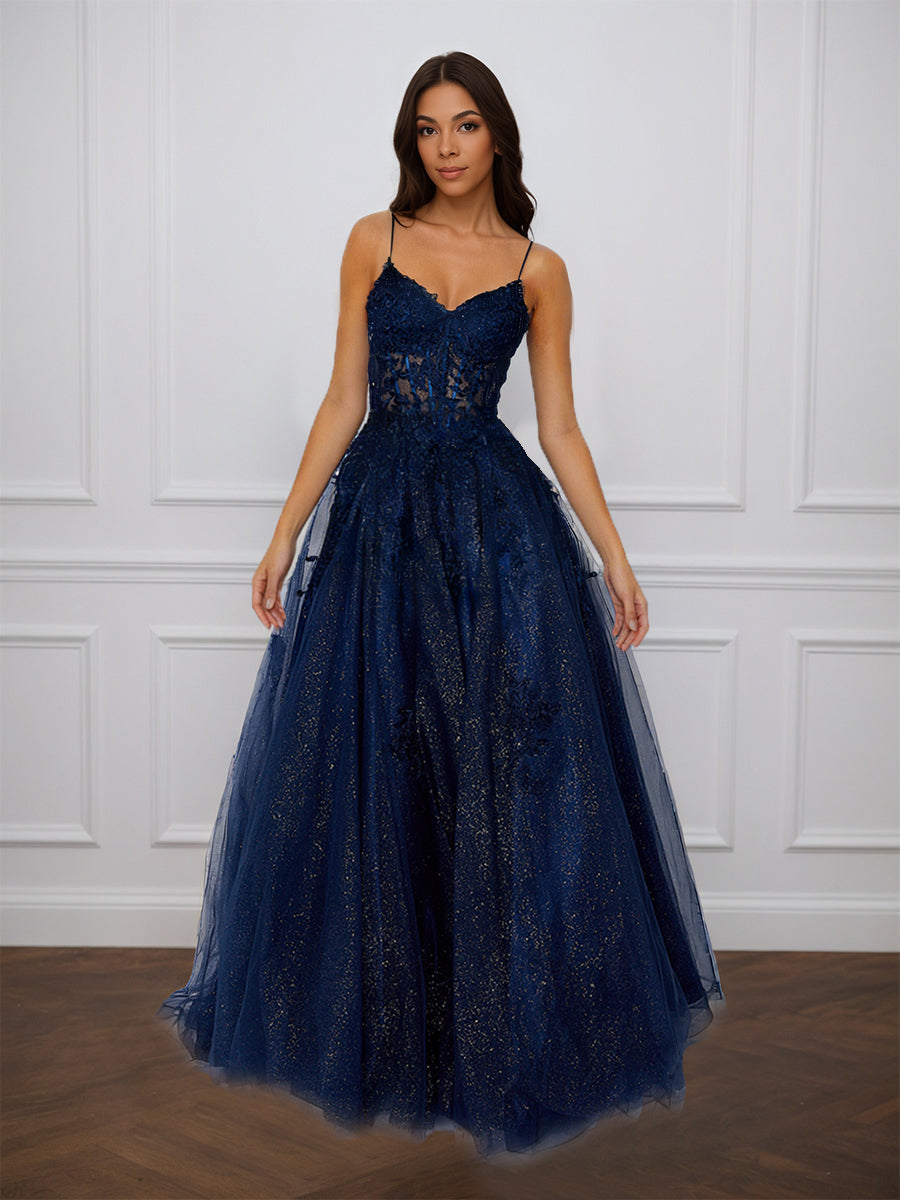 Cicinia Dark Navy Prom Dresses Long Glitter Tulle A-line Spaghetti Straps With Train