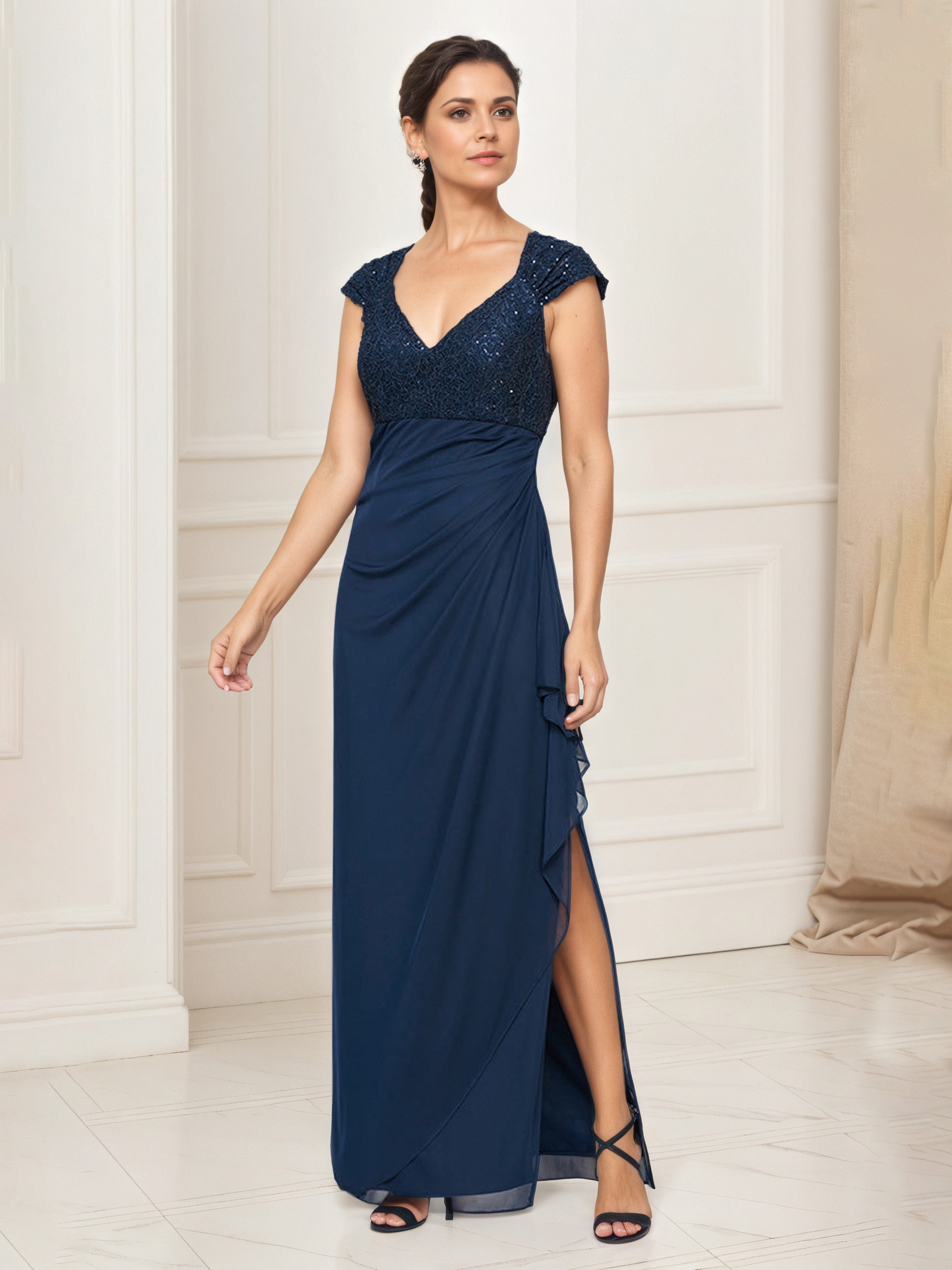 Mother of The Bride Dress Dark Navy Cap Sleeve Empire Waist Long Mother of The Bride Dress Mother of The Bride Dress Dark Navy Cap Sleeve Empire Waist Long Mother of The Bride Dress