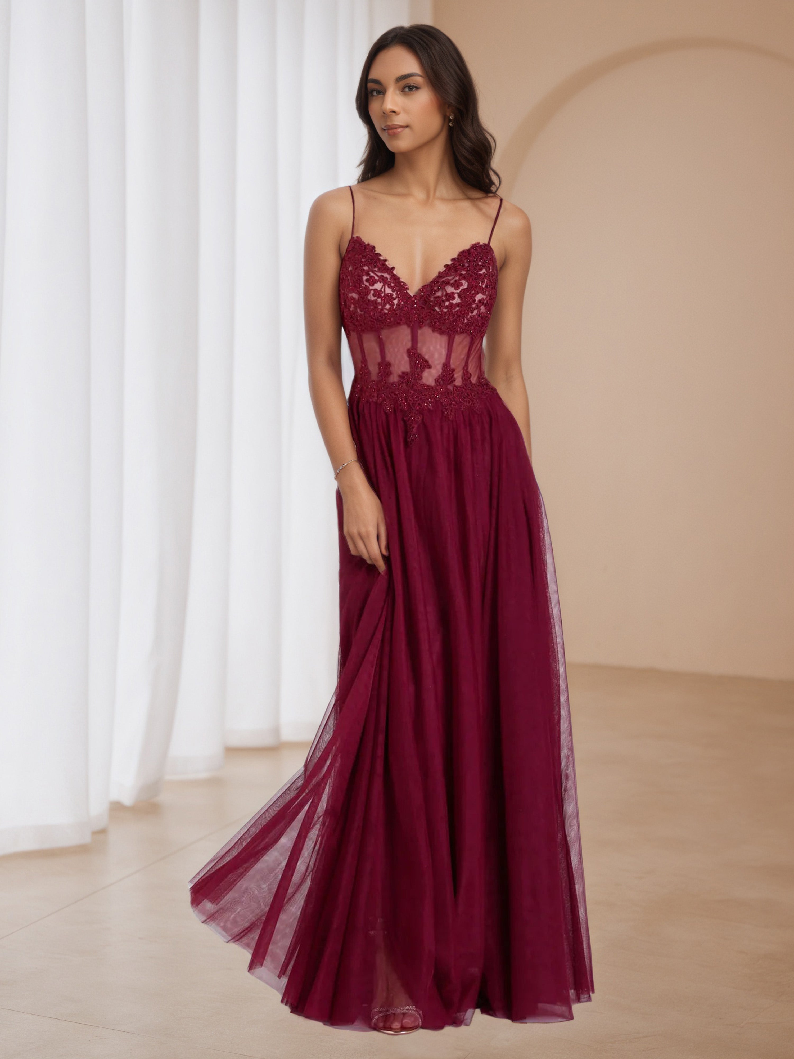 A-Line Cinnamon Rose Tulle V-Neck Wedding Guest Dress A-Line Cinnamon Rose Tulle V-Neck Wedding Guest Dress