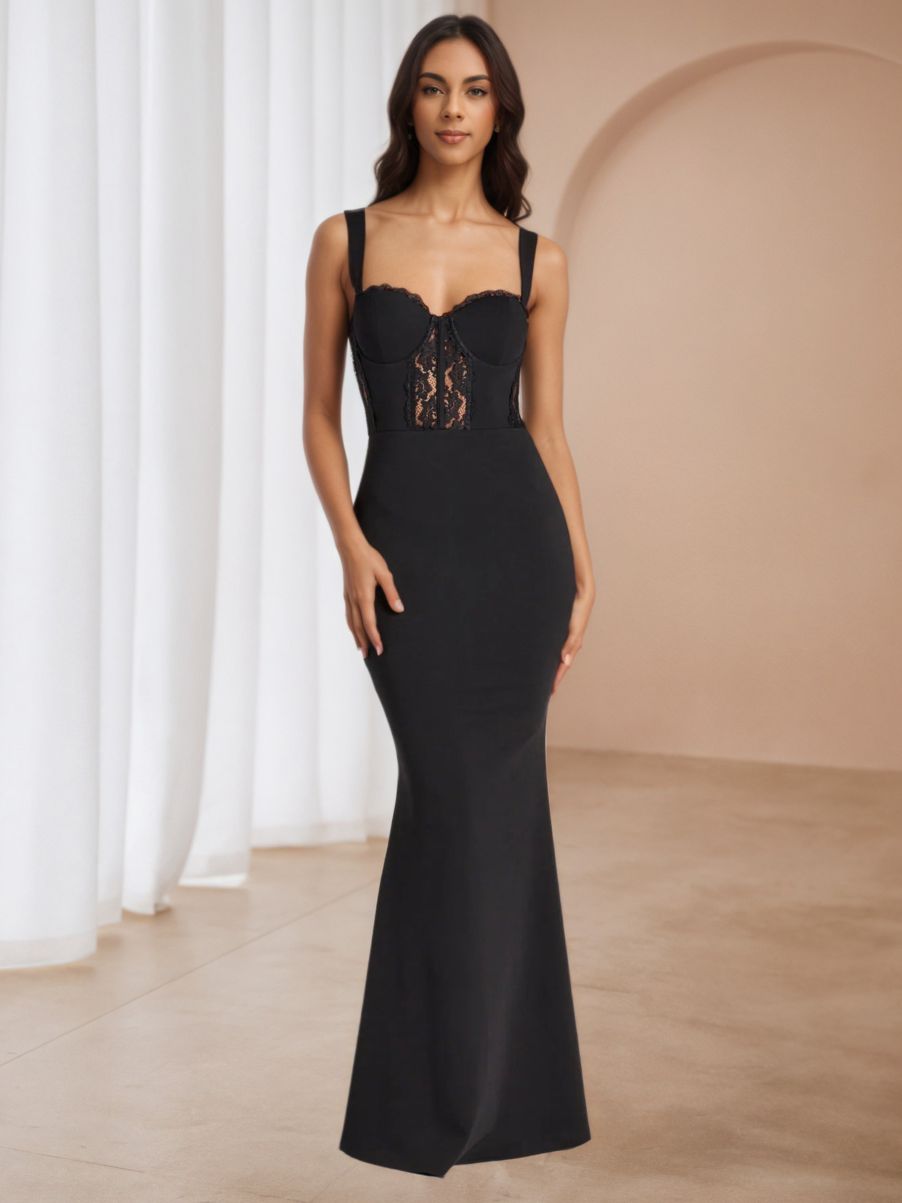 lace black wedding guest dress Women's Lace Floral Bridesmaid Dresses Long Aline Straps Maxi Wedding Guest Dresses Side Slits Long Party Gowns Black S