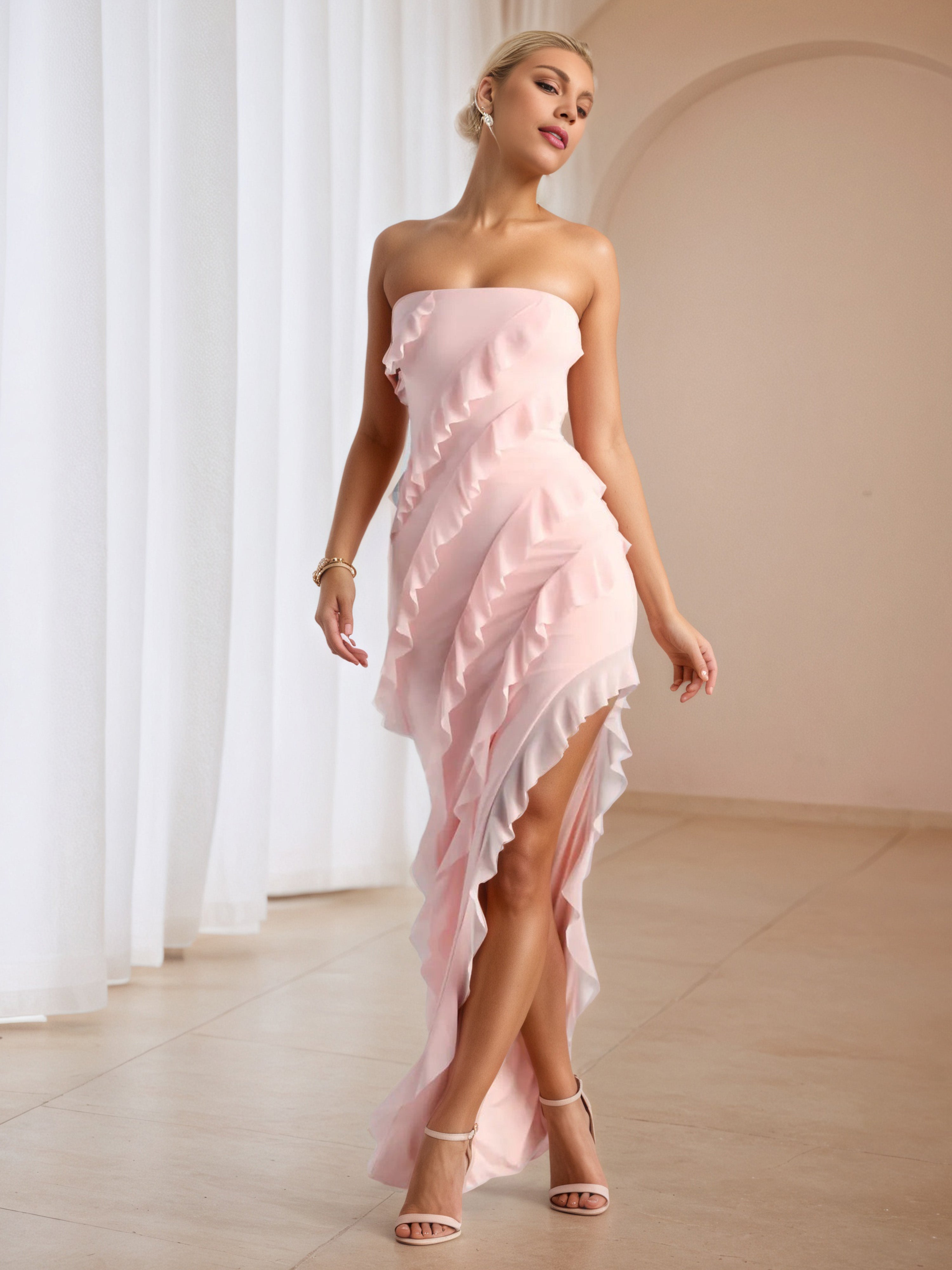Asymmetrical Strapless Blushing Pink Ruffle Sleeveless Formal Dresses Asymmetrical Strapless Blushing Pink Ruffle Sleeveless Formal Dresses