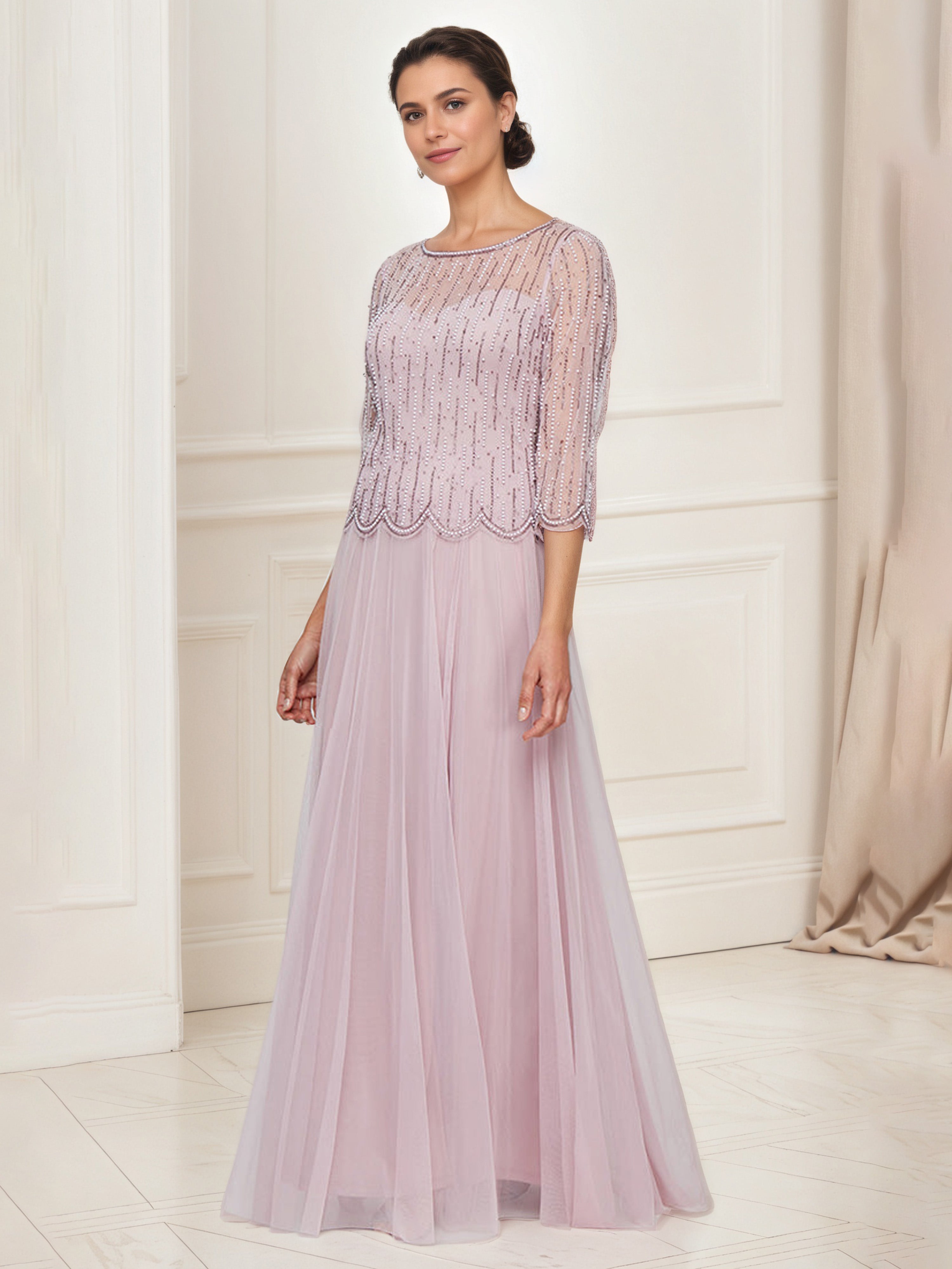 Pink Mother Of The Birde Dress Mock Two Pieces Beaded 3/4 Sleeves Tull Pink Mother Of The Birde Dress Mock Two Pieces Beaded 3/4 Sleeves Tull