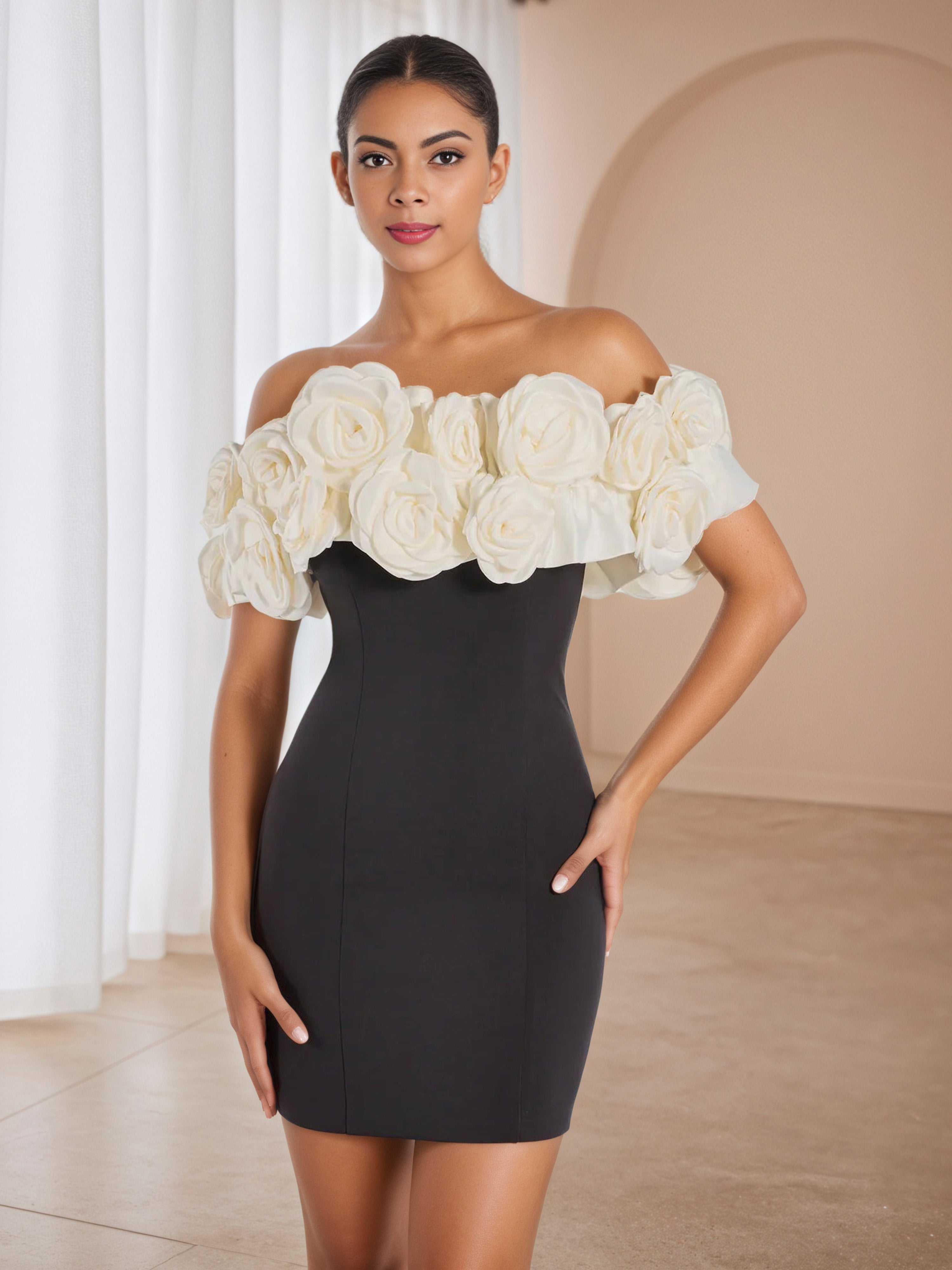 black dress modest formal WEDTREND Women Black Prom Dress with 3D Flowers A Line Spaghetti Straps  Sheer Corset Cut Out Long Evening Dress main image 0