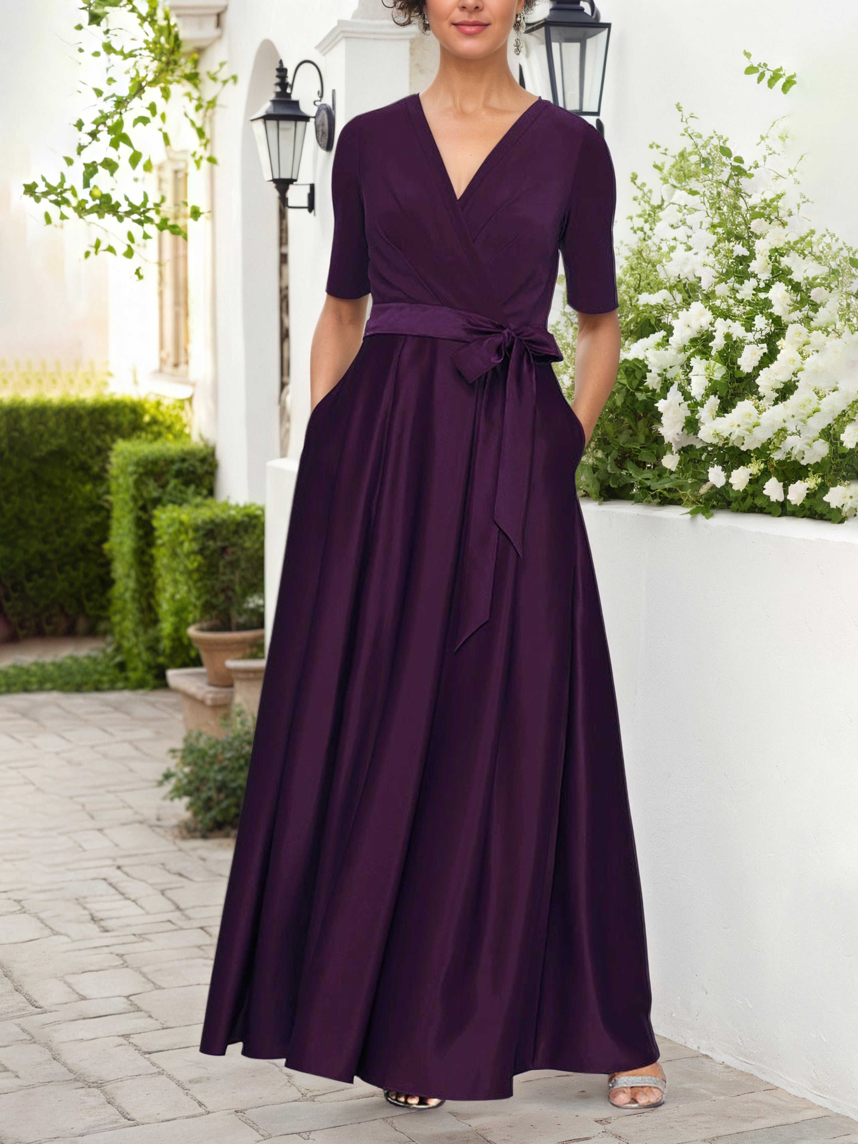 Aubergine Mother Of The Bride Dresses A-Line V Neck Long Satin Mother Of The Bride Dress Aubergine Mother Of The Bride Dresses A-Line V Neck Long Satin Mother Of The Bride Dress
