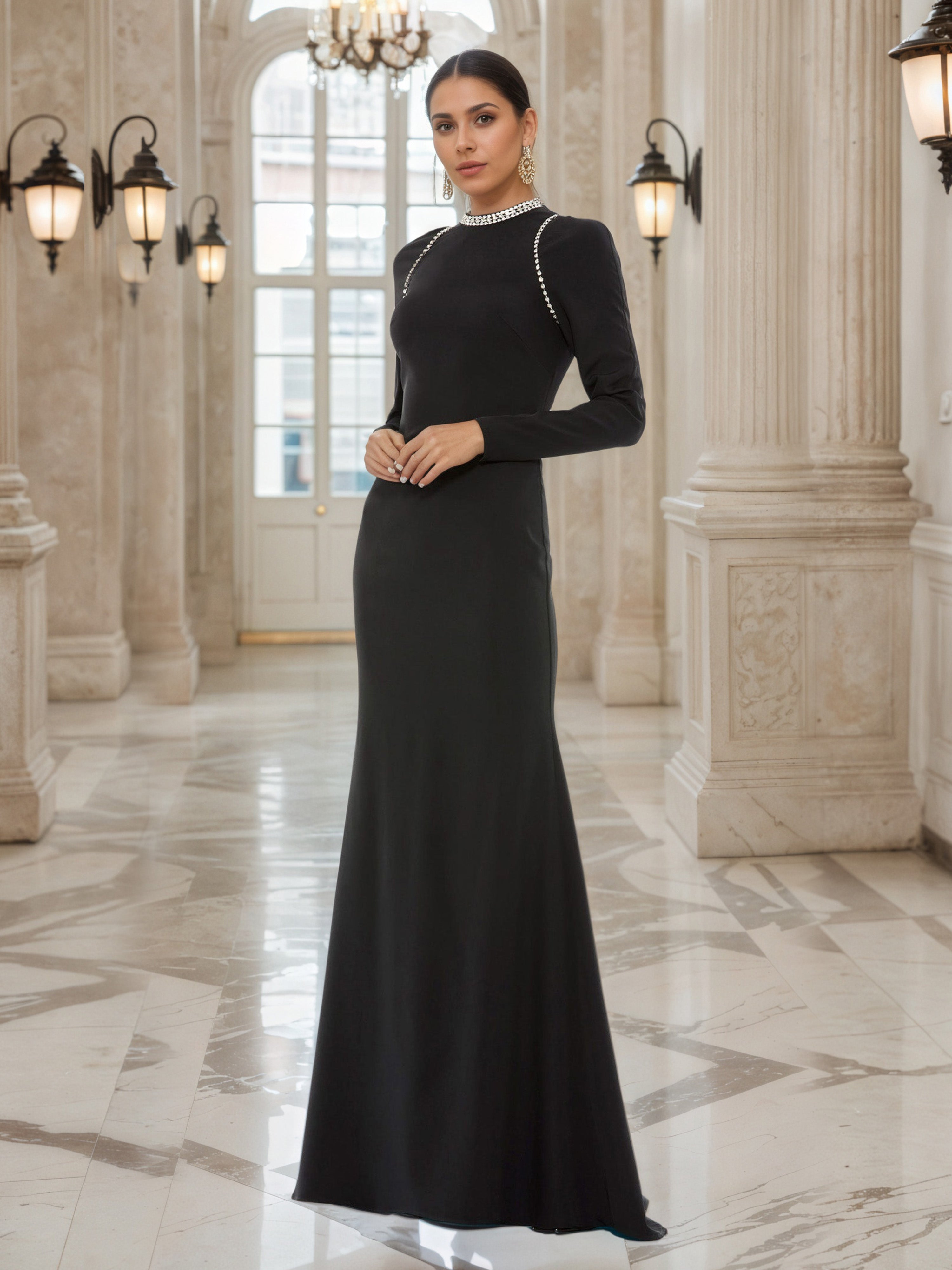Black Mother of Bride Dress Sheath Beaded Neckline Long Sleeves Women'