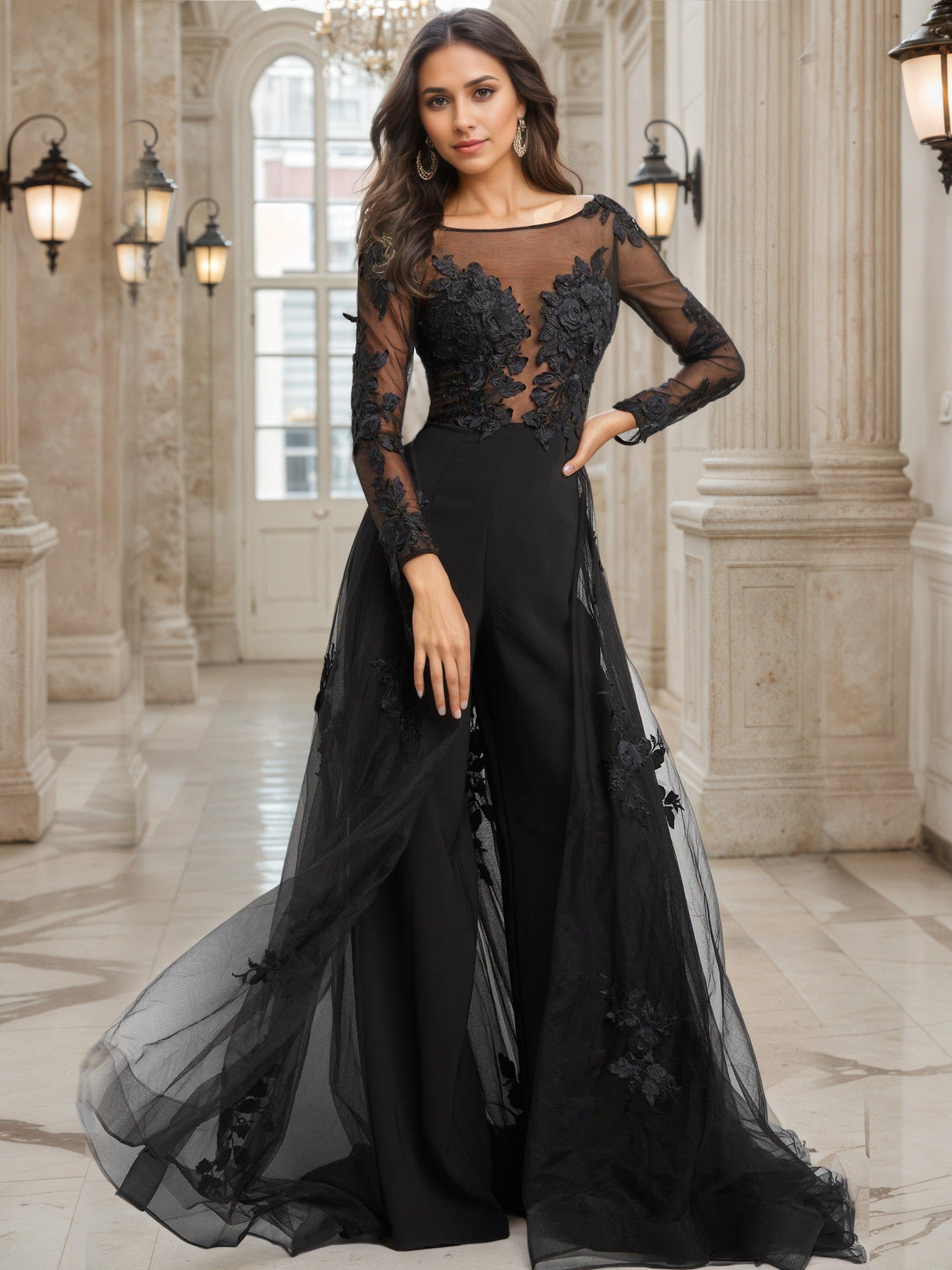 Black Mother Of The Bride Pant Suit Embellished Long Sleeve Open Back Mother Of The Bride Dress Black Mother Of The Bride Pant Suit Embellished Long Sleeve Open Back Mother Of The Bride Dress