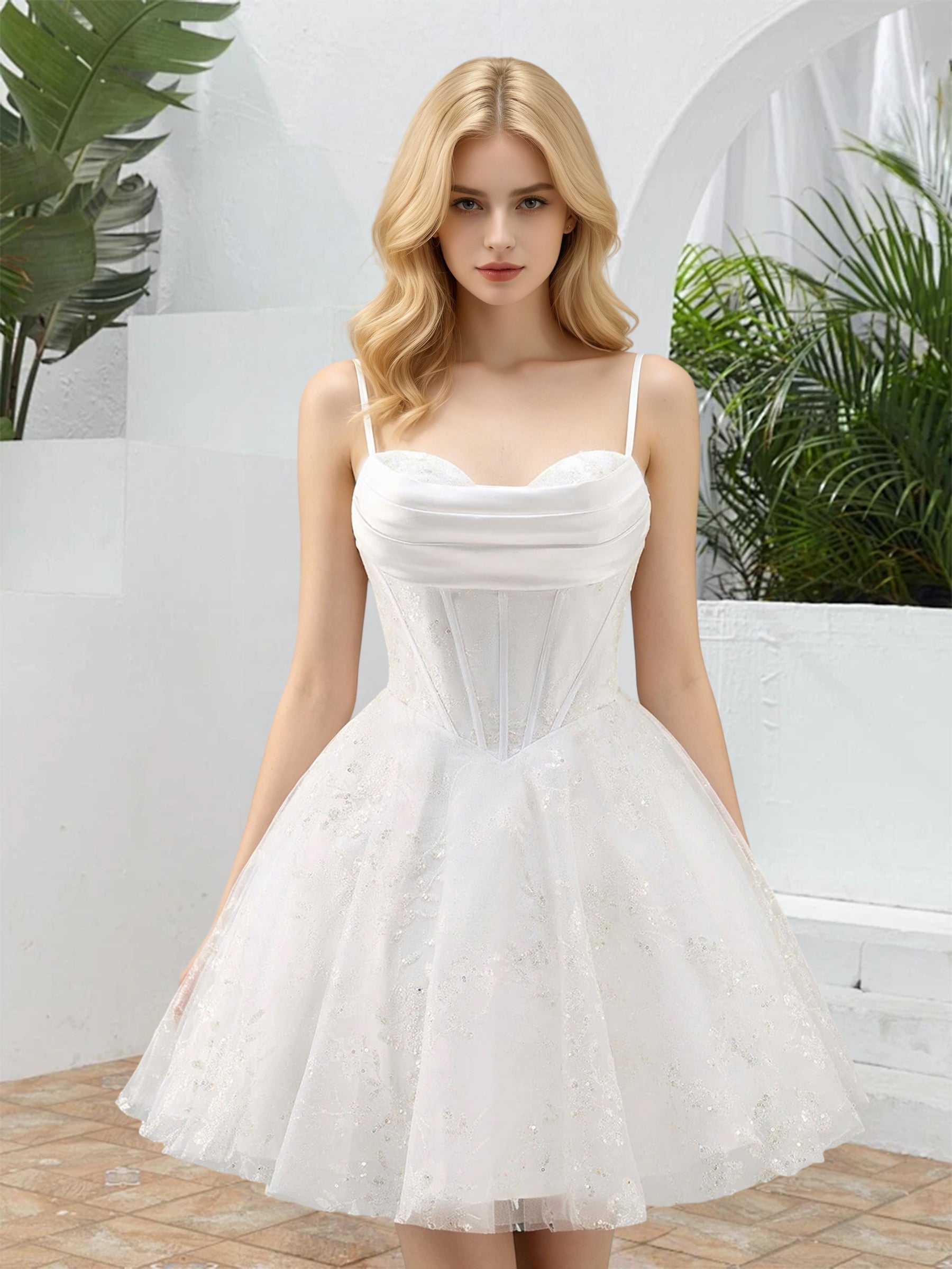 Cicinia Spaghetti Straps White Homecoming Dresses Short Lace A-line Sweetheart Mini Dress