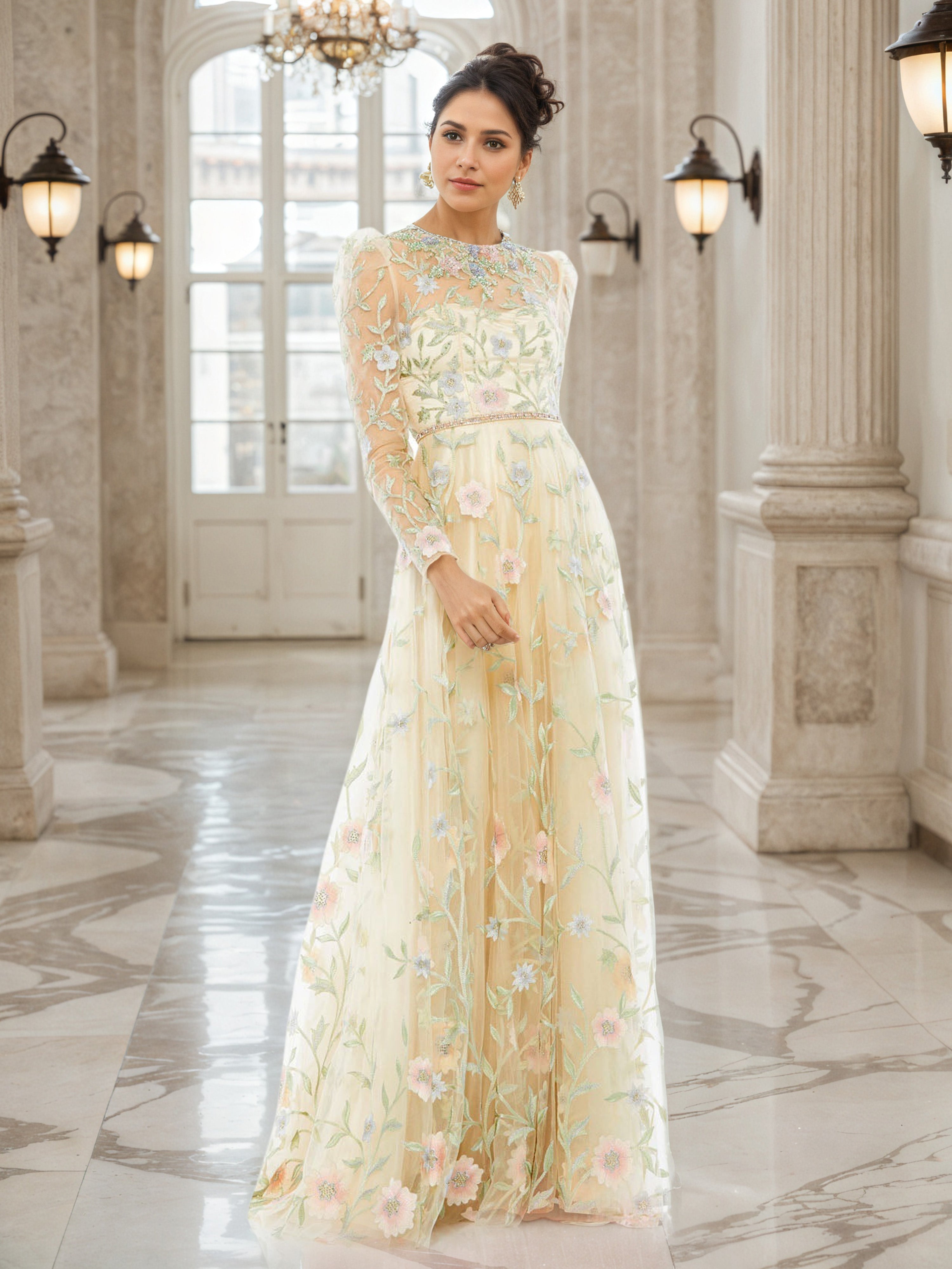 Daffodil Mother of The Bride Dresses Floral Illusion Long Sleeves A-Line Mother of The Bride Dress Daffodil Mother of The Bride Dresses Floral Illusion Long Sleeves A-Line Mother of The Bride Dress