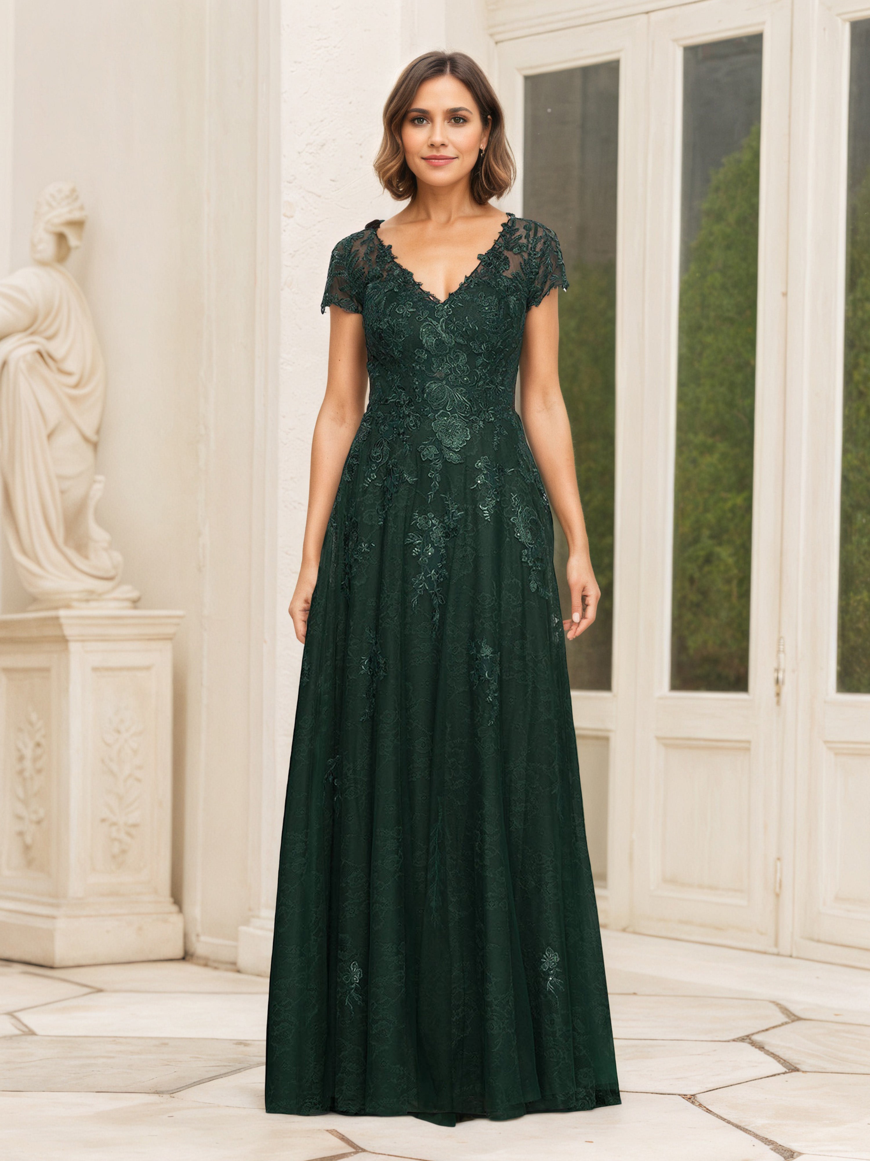 Dark Green Lace Short Sleeves V-Neck Mother of The Bride Dress Dark Green Lace Short Sleeves V-Neck Mother of The Bride Dress