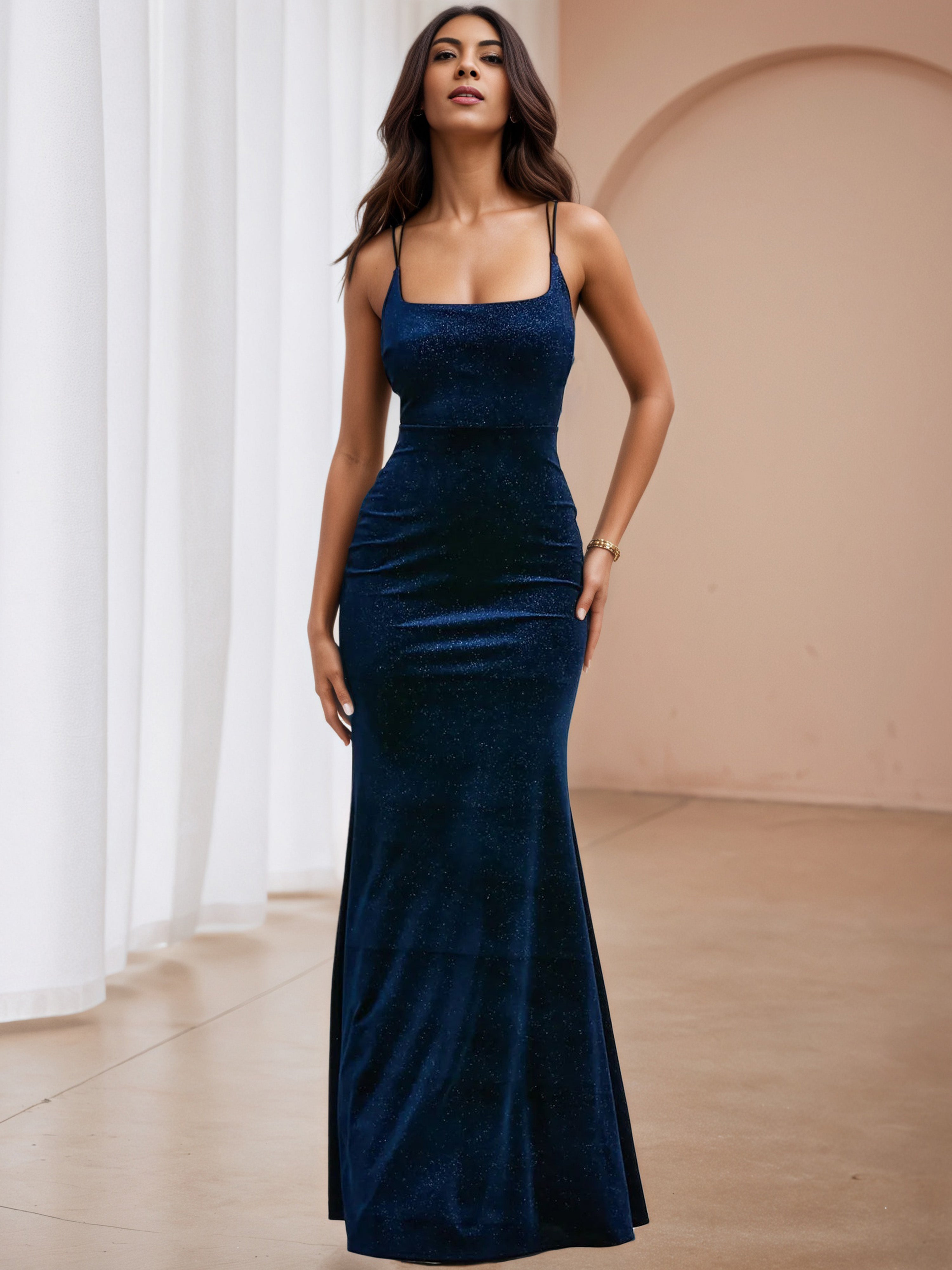 Spaghetti Straps Glitter Square Neck Navy Blue Formal Dresses