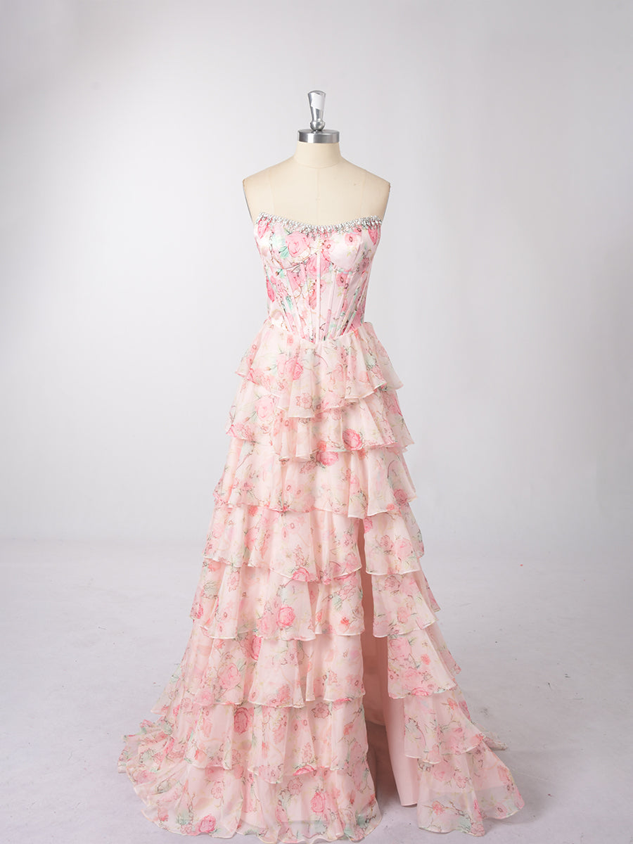 Cicinia Blushing Pink Prom Dresses Long Printed Fabric A-line Sleeveless Slit Layered Gowns