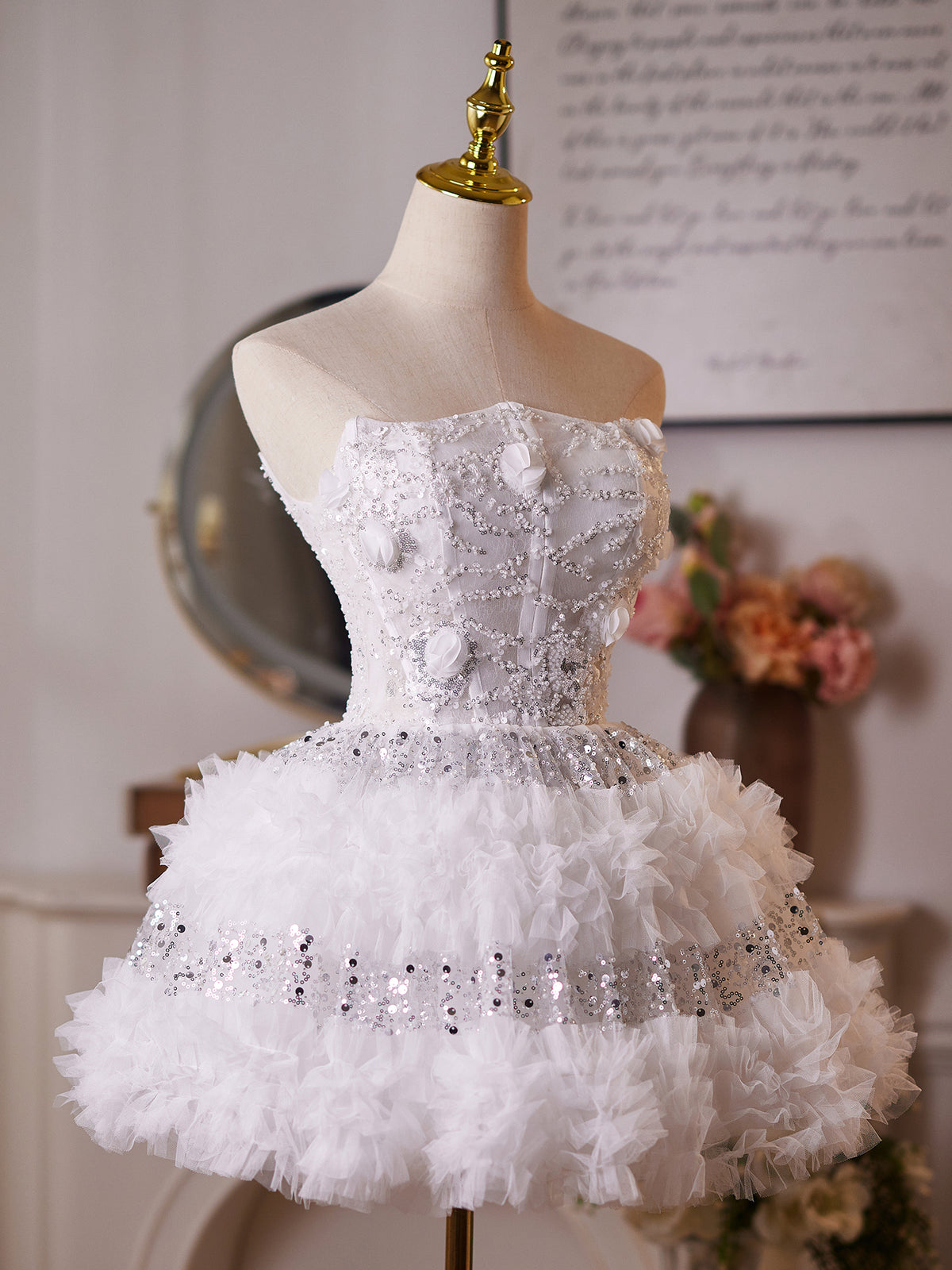 Cicinia White Wedding Dresses Short Strapless 3D Floral Beaded Sequin Tiered Ruffle Tulle Mini Bridal Dress