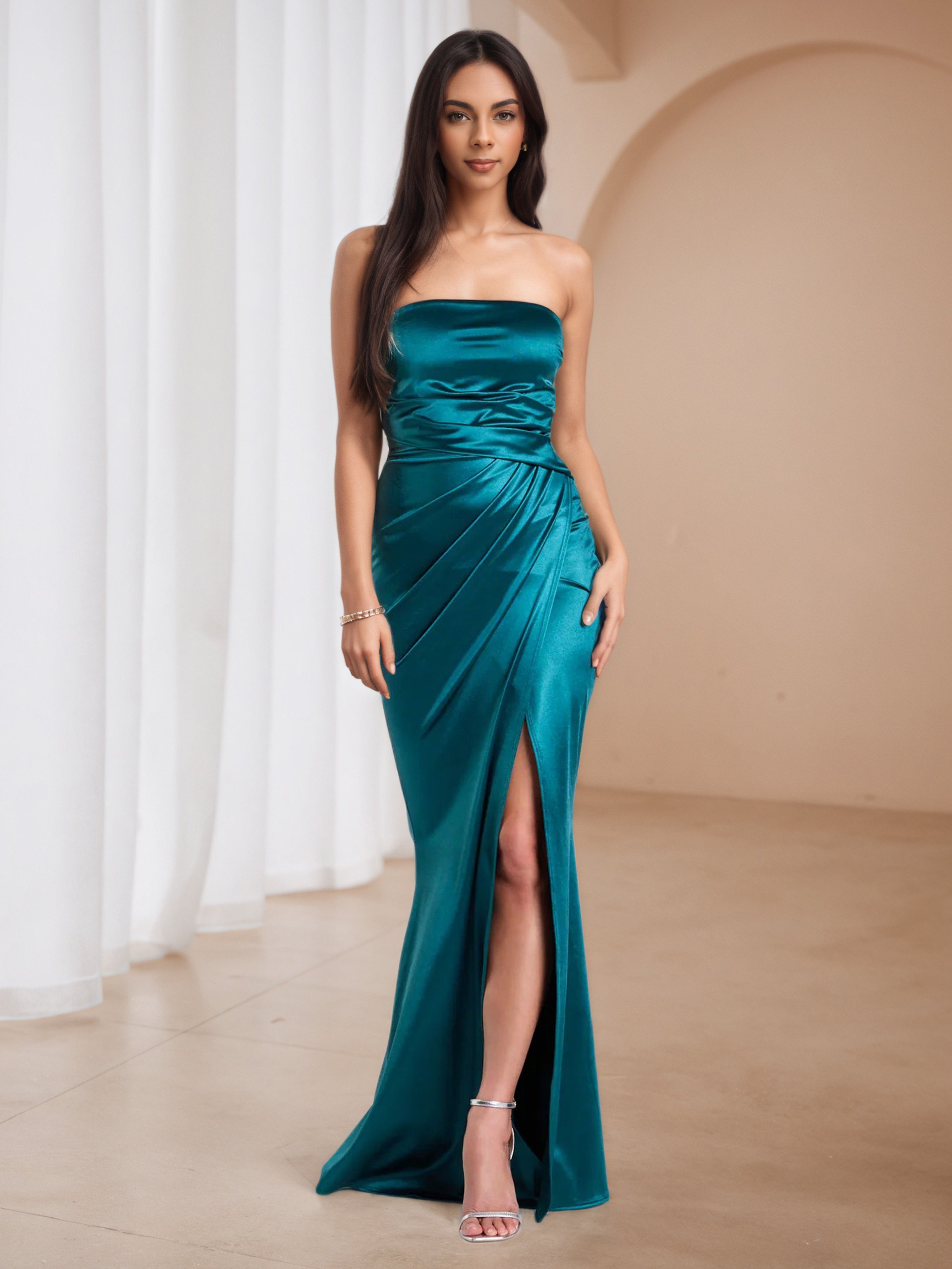 Ink Blue Strapless Pleats Long Wedding Guest Dress Ink Blue Strapless Pleats Long Wedding Guest Dress