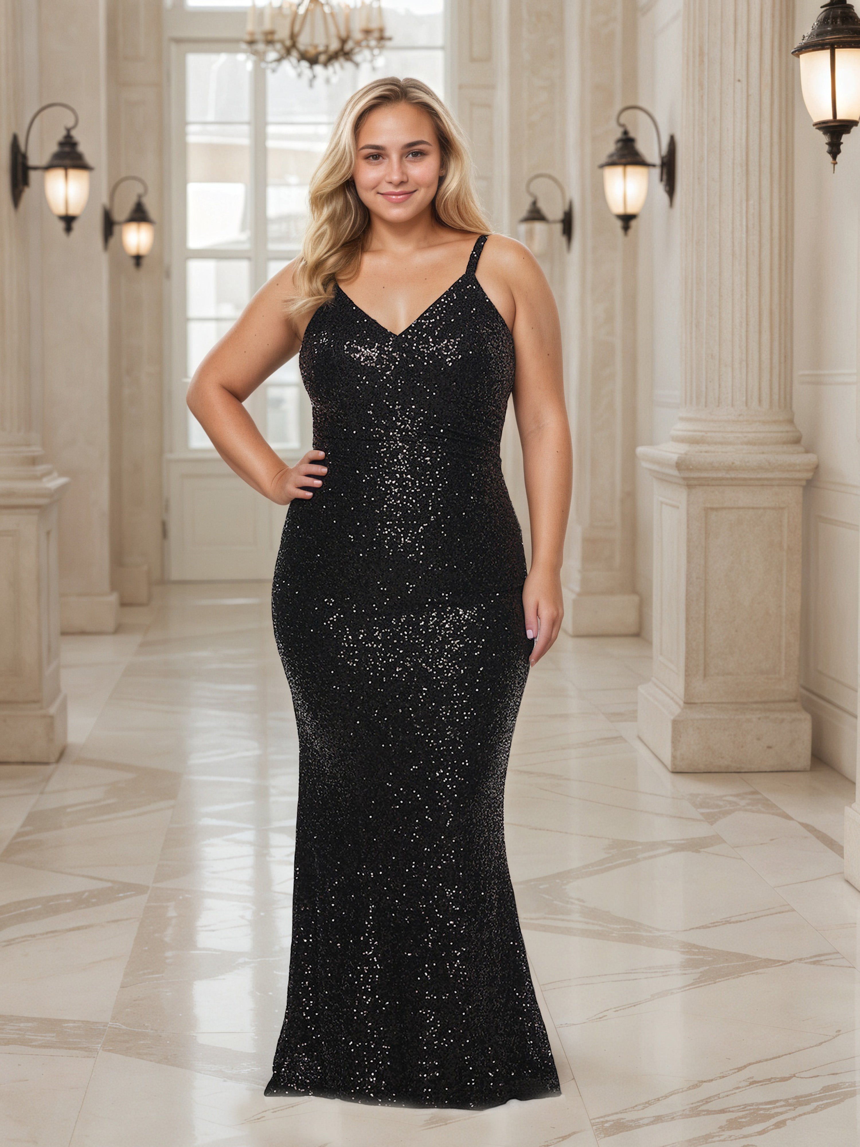 Sequin Shiny Sheath Black Long Plus Size Prom Dress With Straps Sequin Shiny Sheath Black Long Plus Size Prom Dress With Straps