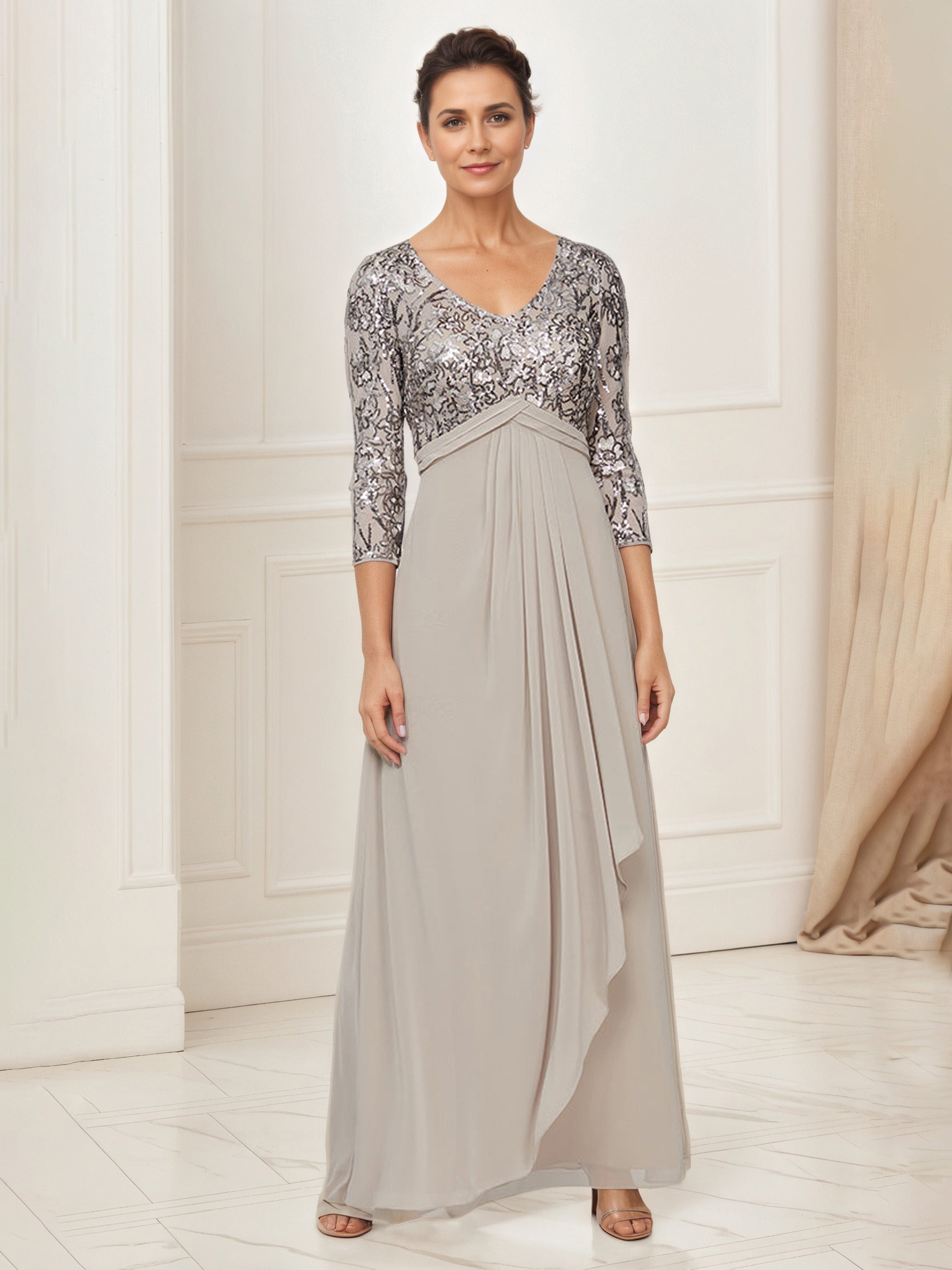 Dark Taupe Mother Of Bride Dresses A-Line V-Neck Sequins Bodice 3/4 Sleeves Chiffon Mother Of The Bride Dress Dark Taupe Mother Of Bride Dresses A-Line V-Neck Sequins Bodice 3/4 Sleeves Chiffon Mother Of The Bride Dress
