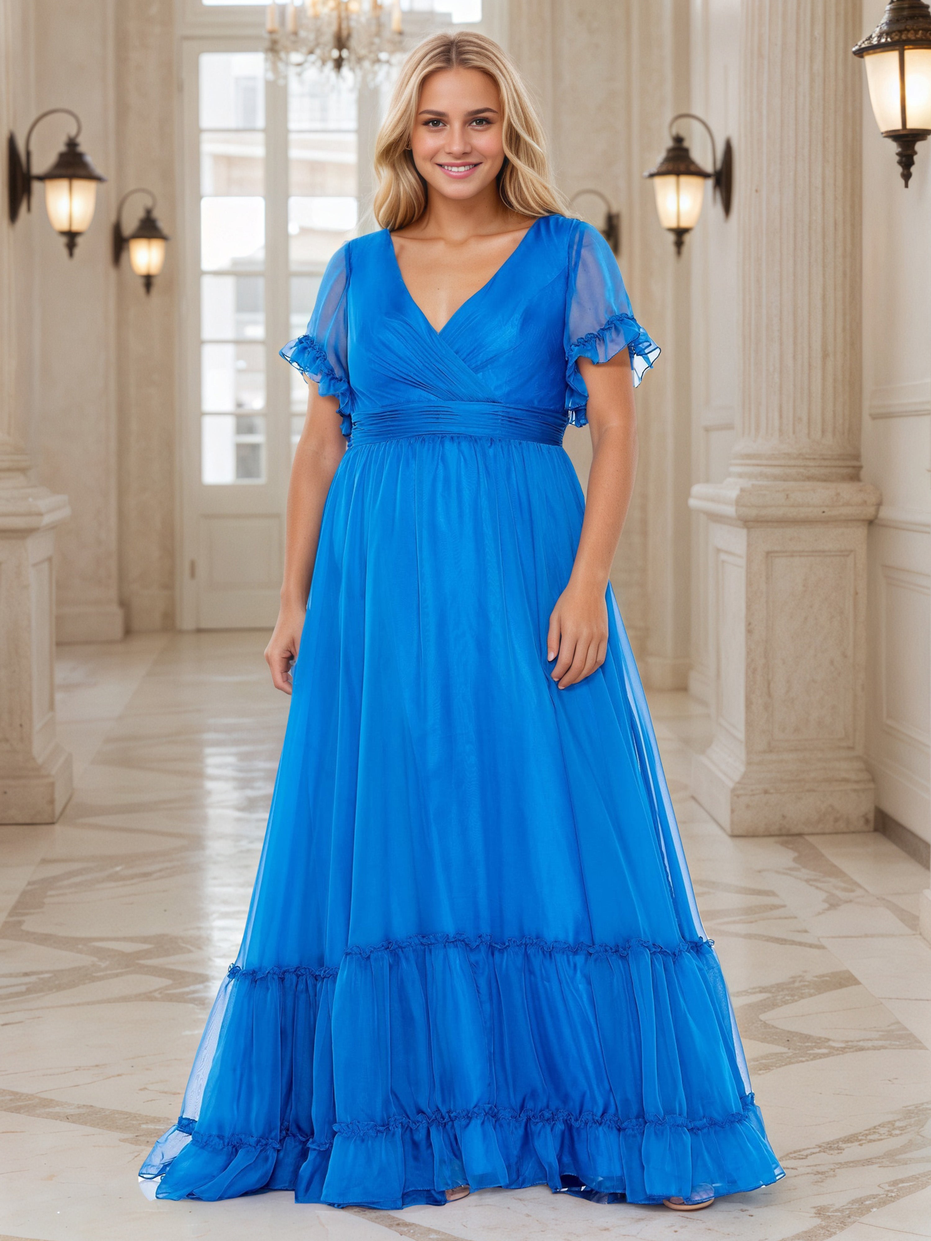 Charming Short Sleeves Ruffes Blue Long Plus Size Prom Dress Charming Short Sleeves Ruffes Blue Long Plus Size Prom Dress