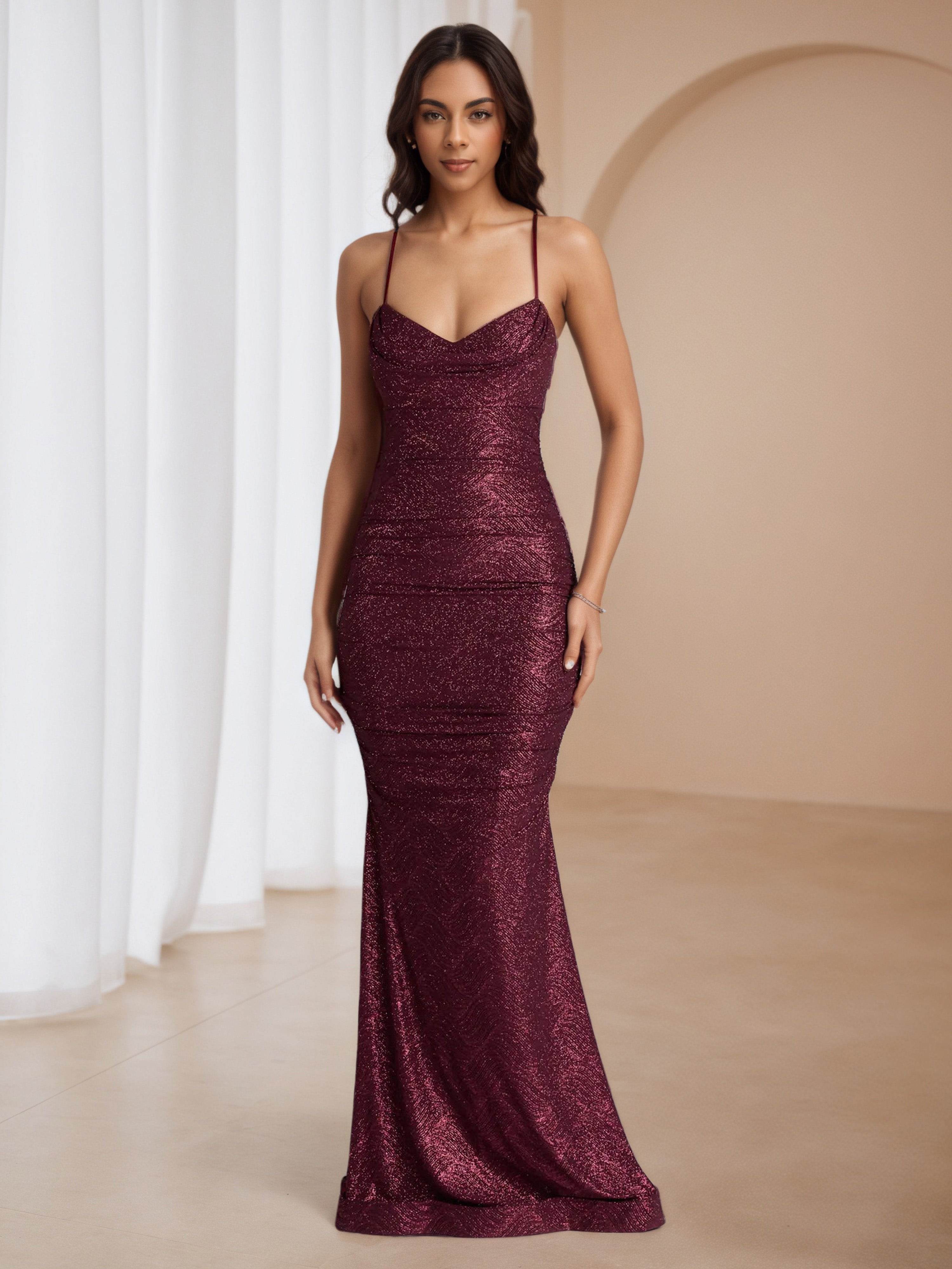 Glitter Cabernet Spaghetti Straps V-Neck Formal Dresses