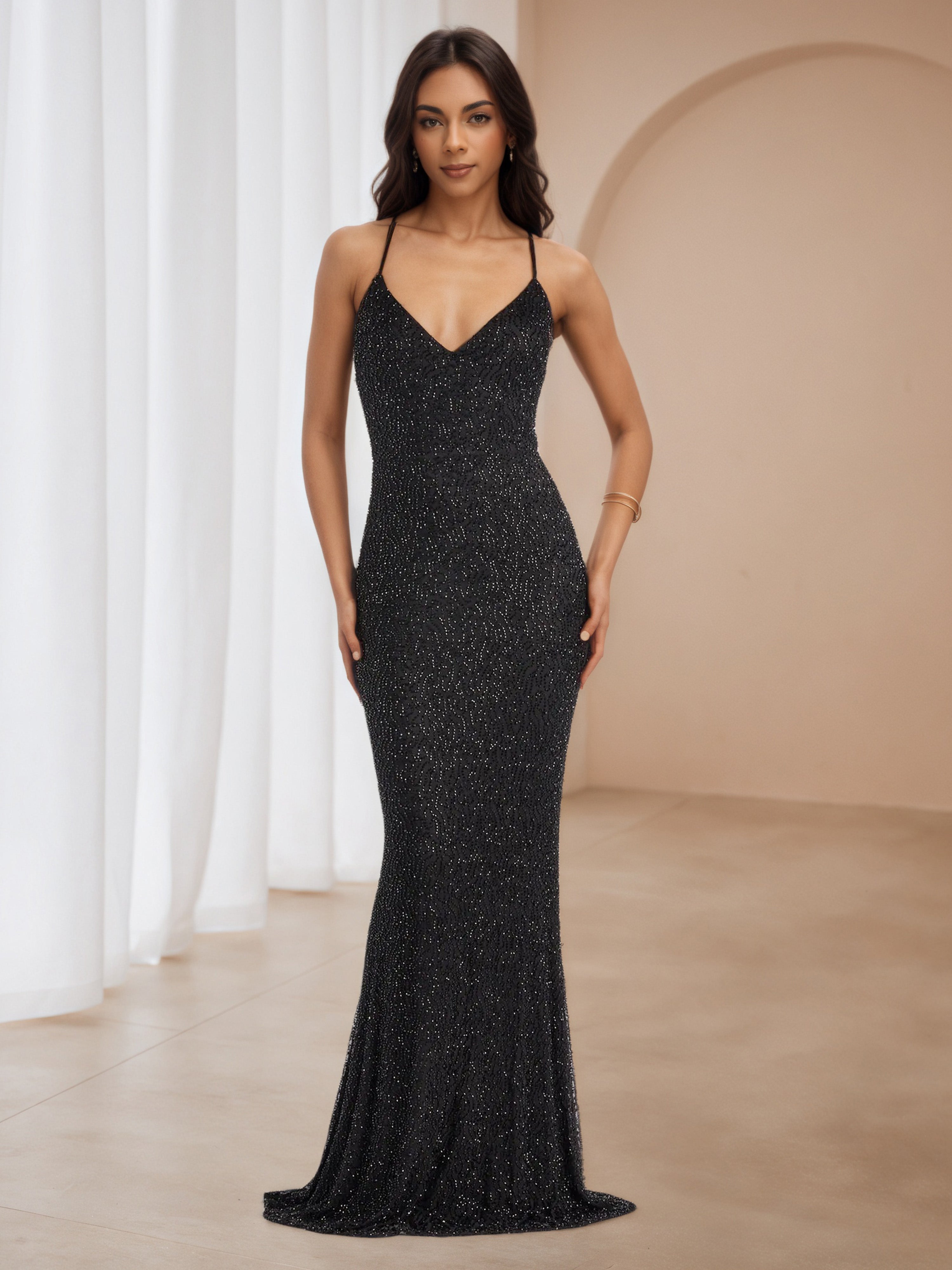 Spaghetti Straps V-Neck Black Glitter Sweep/Brush Train Wedding Guest Dress Spaghetti Straps V-Neck Black Glitter Sweep/Brush Train Wedding Guest Dress