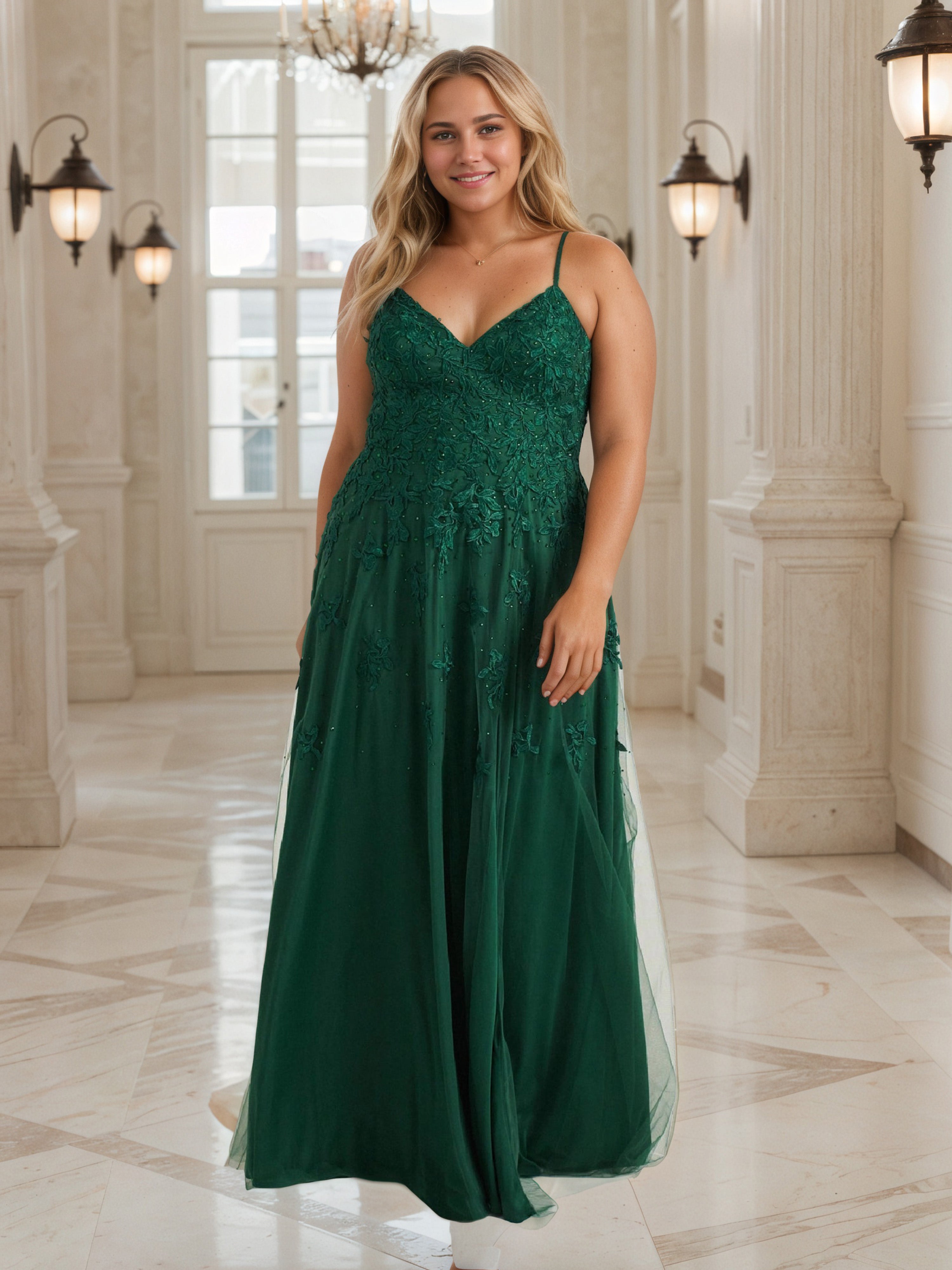 A-line Dark Green Spaghetti Straps Long Prom Dress With Lace Appliques A-line Dark Green Spaghetti Straps Long Prom Dress With Lace Appliques